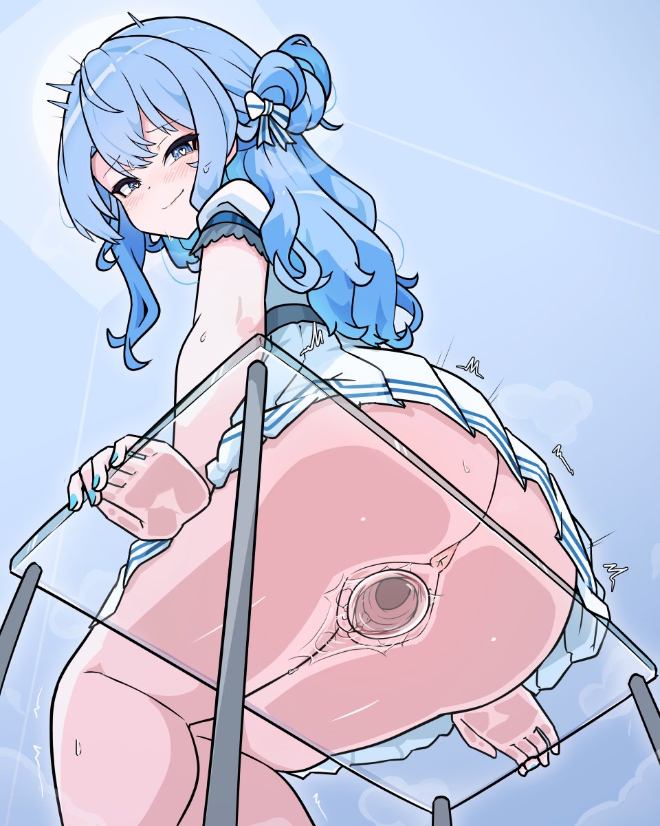 1girls, against glass, blue hair, chair, dildo, dildo in pussy, dildo sitting, female, female only, gaping pussy, glass dildo, hololive, hololive japan, hoshimachi suisei, looking at viewer, looking down, masturbation, moral cacoethes, no panties, pussy, pussy juice, see-through chair, sitting, solo, transparent chair, transparent dildo, transparent sex toy, viewed from below, virtual youtuber