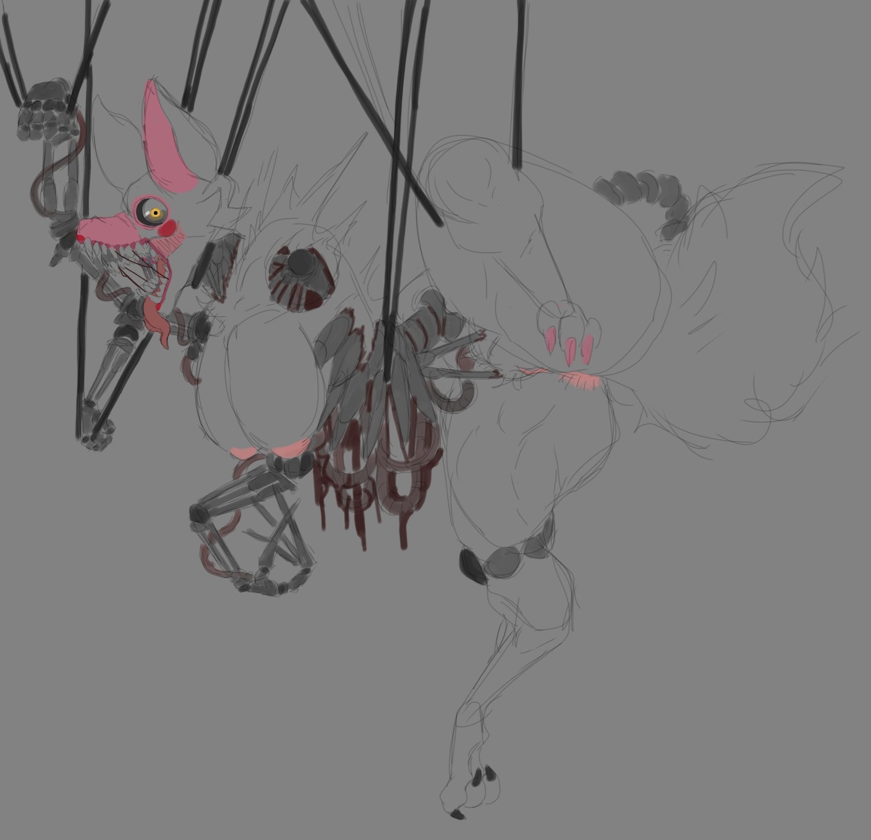 1girls, 2d, 2d (artwork), animatronic, anthro, artist request, ass, asshole, blood splatter, curvaceous, curvy, curvy female, fat ass, five nights at freddy's, five nights at freddy's 2, fox, fox tail, furry, large breasts, long tail, long tongue, looking at viewer, mangle (fnaf), naked, naked female, nude, nude female, pussy, robot, sharp teeth, solo, tail, thick thighs, tongue, tongue out, yellow eyes
