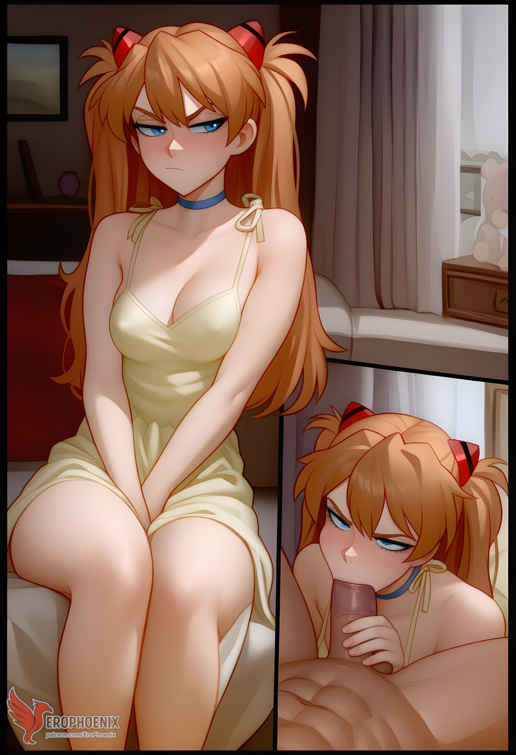 1boy, 1girls, 2d, ai generated, ass, asuka langley sohryu, big ass, big breasts, breasts, cock in mouth, dick in mouth, erection, erophoenix, fellatio, female, female focus, full body, large penis, neon genesis evangelion, oral sex, patreon username, penis, sex, smile, straight, sweat, thick, thick thighs, uncensored