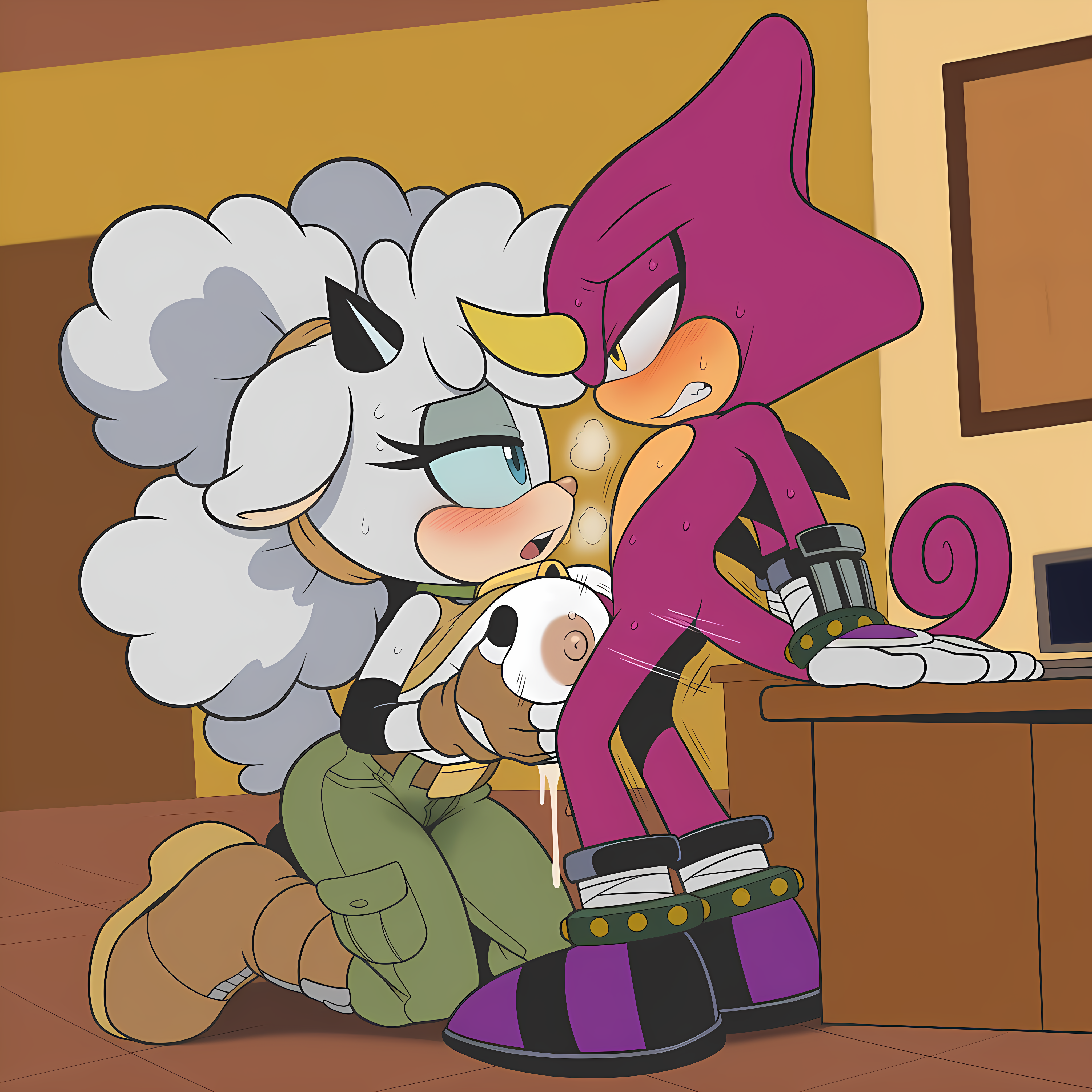 ai generated, arm support, blush, chameleon, cum, desk, dominant female, espio the chameleon, gritted teeth, hands on own breasts, lanolin the sheep, lidded eyes, novelai, paizuri, raised shirt, sega, sheep, simple background, sonic (series), sonic the hedgehog (comics), sonic the hedgehog (idw), sonic the hedgehog (series), submissive male, sweat, wet patch