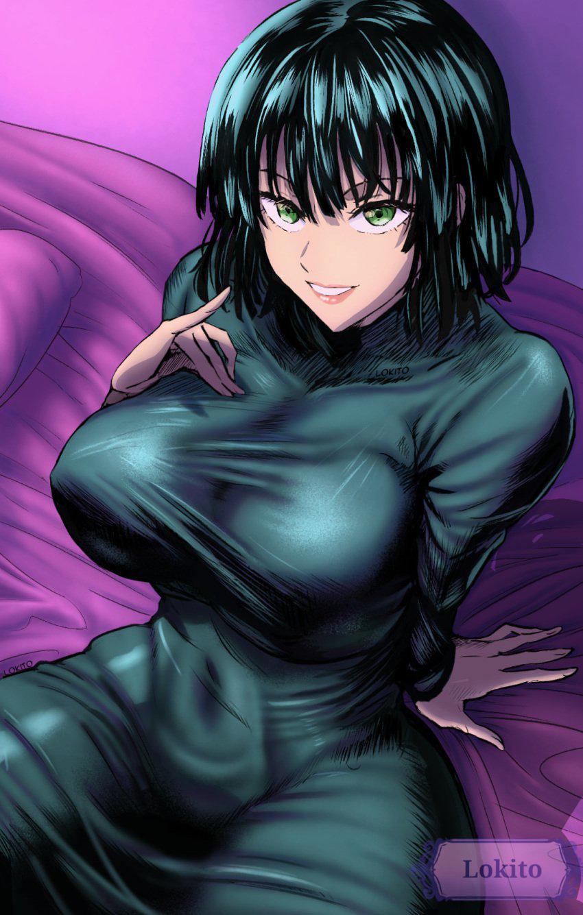 bed, big breasts, bodysuit, breasts, color, colored, female, fubuki (one-punch man), green eyes, one-punch man, perfect body, perfect legs, smile, smiling, smiling at viewer