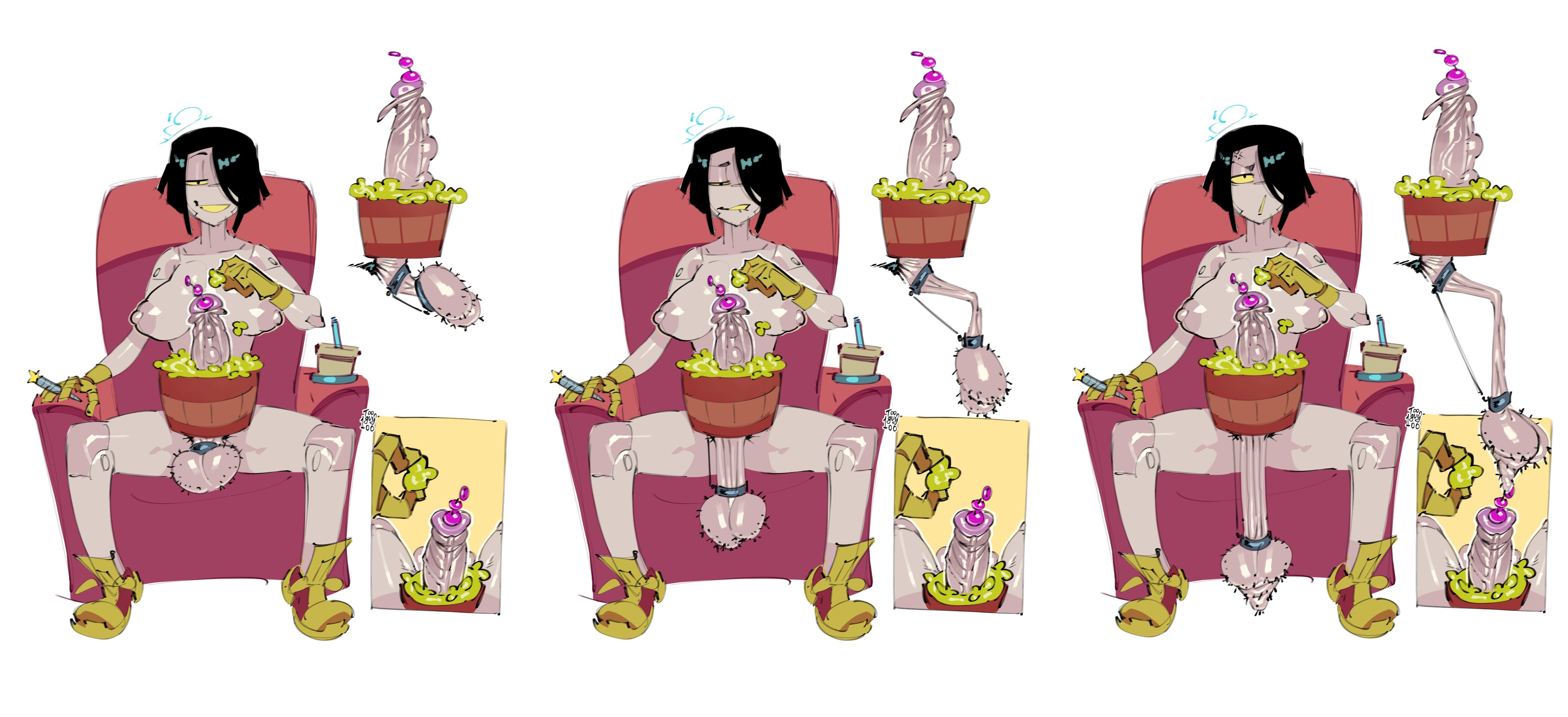 ahe gao, artist name, augmentation, balls, balls stretcher, balls torture, big areola, big breasts, big penis, biting lip, boots, breasts, cock and ball torture, cock and balls torture, cybernetic arm, cybernetic leg, cybernetic limb, cybernetics, cyborg, cyborg girl, dickgirl, female, food play, footwear, foreskin, futanari, gloves, hairy balls, handwear, hatgirl (toonguy100), huge cock, human, hyper sag, intersex, long corona of glans penis, masochism, masochist, masochistic futa, penis, penis in popcorn bucket, popcorn, popcorn bucket, pubes, pubic hair, puffy nipples, retracted foreskin, sagging balls, saggy balls, short hair, sitting, smiling, solo, solo dickgirl, solo futa, technology, toonguy100, uncircumcised, urethral, urethral beads, urethral bulge, urethral insertion, urethral penetration, veiny penis, white background, yellow teeth