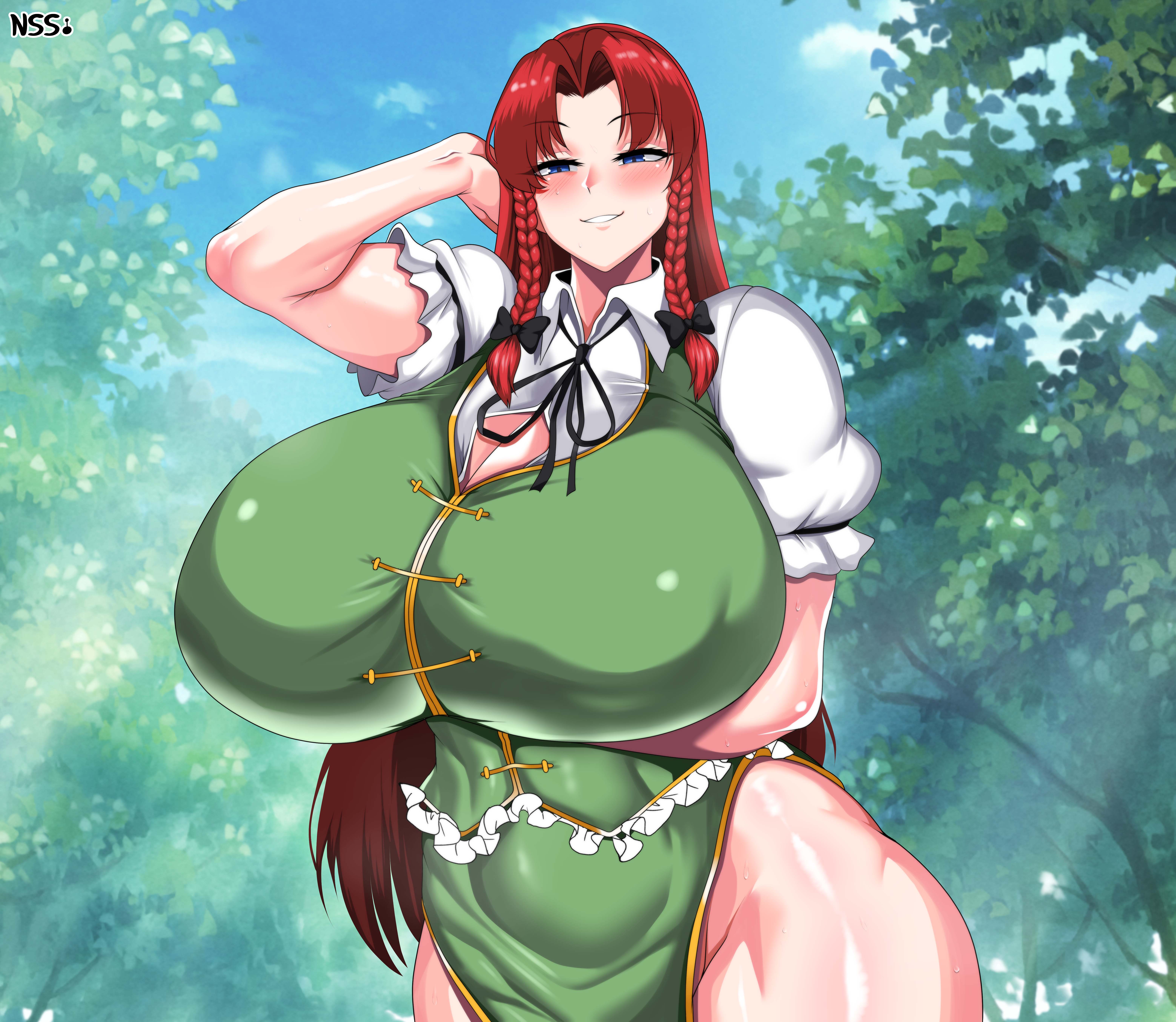 breasts, female, hong meiling, huge breasts, massive breasts, nonsense (artist), touhou, venus body, voluptuous, voluptuous female, wirberlwind