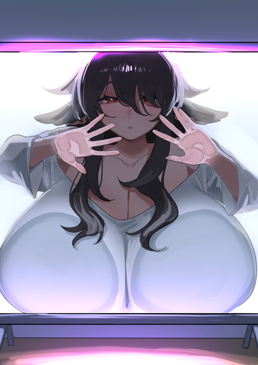 1girls, 2025, 2d (artwork), against glass, black hair, breasts, cosplay, cow ears, cow girl, cow horns, female, female only, halloween, hands against glass, high resolution, horns, huge breasts, hyper breasts, long hair, looking at viewer, naomi (jampulse), nia (nia4294), solo, solo female, solo focus, the ring, tv screen, yamamura sadako (cosplay)