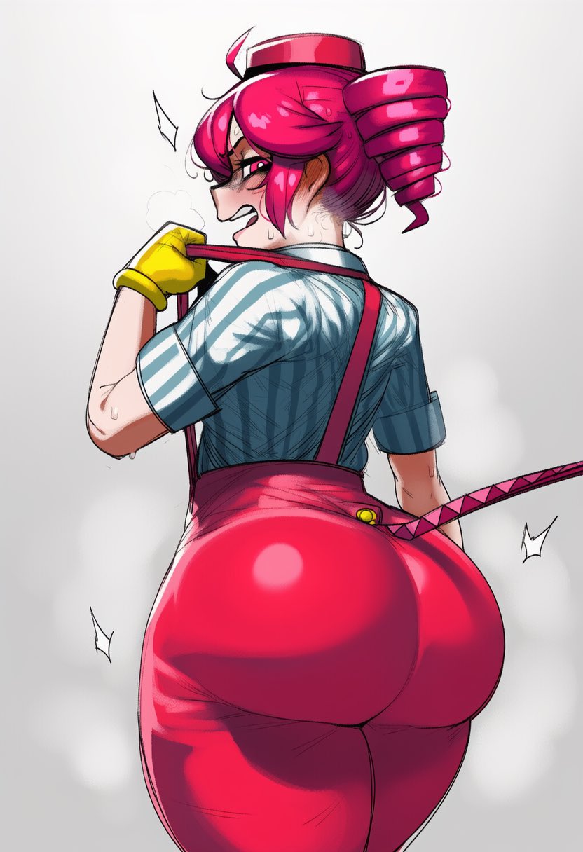 1girls, ahoge, ai generated, annoyed, annoyed expression, ass, ass bigger than head, ass focus, back, back view, big ass, big thighs, blouse, bottom heavy, bubble butt, clothed, clothed female, clothing, coldfrieren, curvaceous, curvy, curvy female, curvy figure, fat ass, fat thighs, female, female only, fully clothed, gigantic ass, gloves, gluteal fold, grey background, hat, huge ass, huge thighs, kasane teto, kasane teto (sv), large ass, large thighs, looking back, massive ass, mesmerizer (vocaloid), mesmerizer teto, mv character, open mouth, pants, plump, plump ass, red eyes, red hair, shiny clothes, shirt, simple background, skin tight, slim waist, solo, solo female, steam, steaming body, striped shirt, suspenders, sweat, sweating, synthesizer v, thick thighs, thighs, tight clothing, tight pants, tight shirt, twin drills, utau, voluptuous, voluptuous female, wide hips