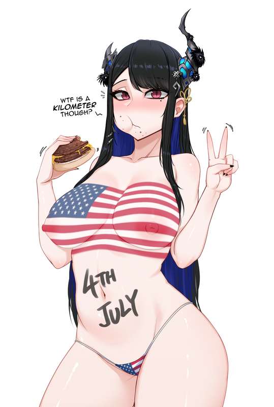 :t, 1girls, bandeau, bikini, black hair, blush, body writing, bodypaint, breasts, covered nipples, eating, female, food, food on face, hololive, hololive english, hololive english -advent-, horns, large breasts, long hair, looking at viewer, myth1c, myth1carts, navel, nerissa ravencroft, peace sign, solo, strapless, swimsuit, v, virtual youtuber, white background