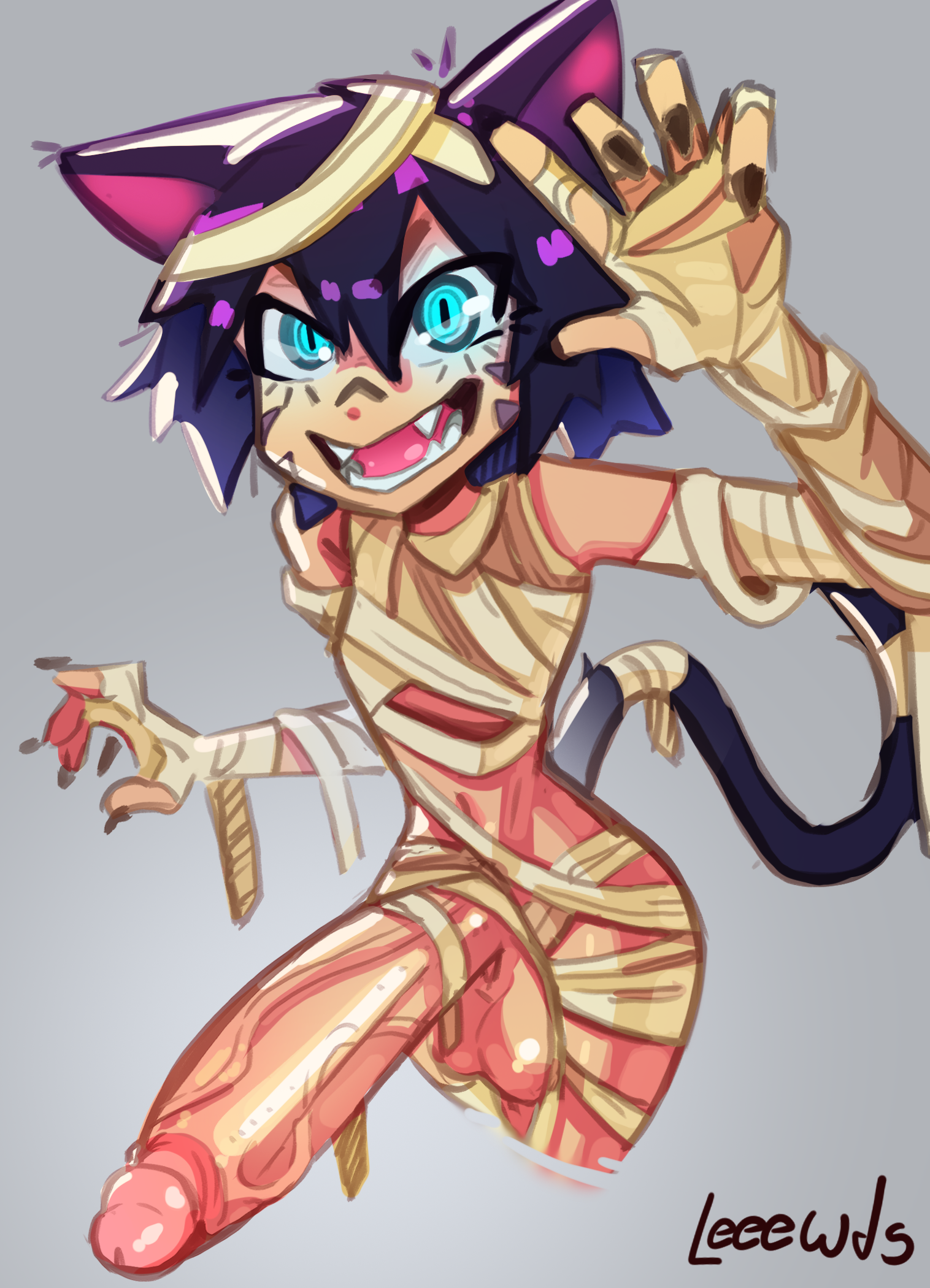 bandage, bandages, big penis, blue eyes, cat ears, cat tail, catboy, cock, cosplay, costume, fangs, femboy, halloween, halloween costume, huge cock, hung femboy, leeewds, leo-catboy (leeewds), light skin, light-skinned male, male, massive cock, massive penis, mummy costume, mummy wrappings, original, original character, penis, penis out, sharp nails, small but hung, solo, solo focus, solo male, twink