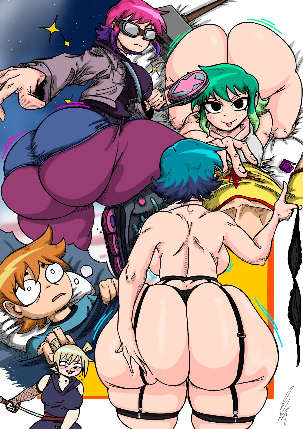 ass, bed, bendraws, big ass, big butt, bottom heavy, clothed female, condom wrapper, dream, dyed hair, fat ass, female, garter belt, garter straps, goggles, grabbing ass, holding bra, huge ass, katana, large ass, large butt, massive ass, multiple views, nude female, on bed, on fours, ramona flowers, roller skates, rollerblades, roxanne richter, scott pilgrim, scott w pilgrim, short hair, tounge out, two-tone hair
