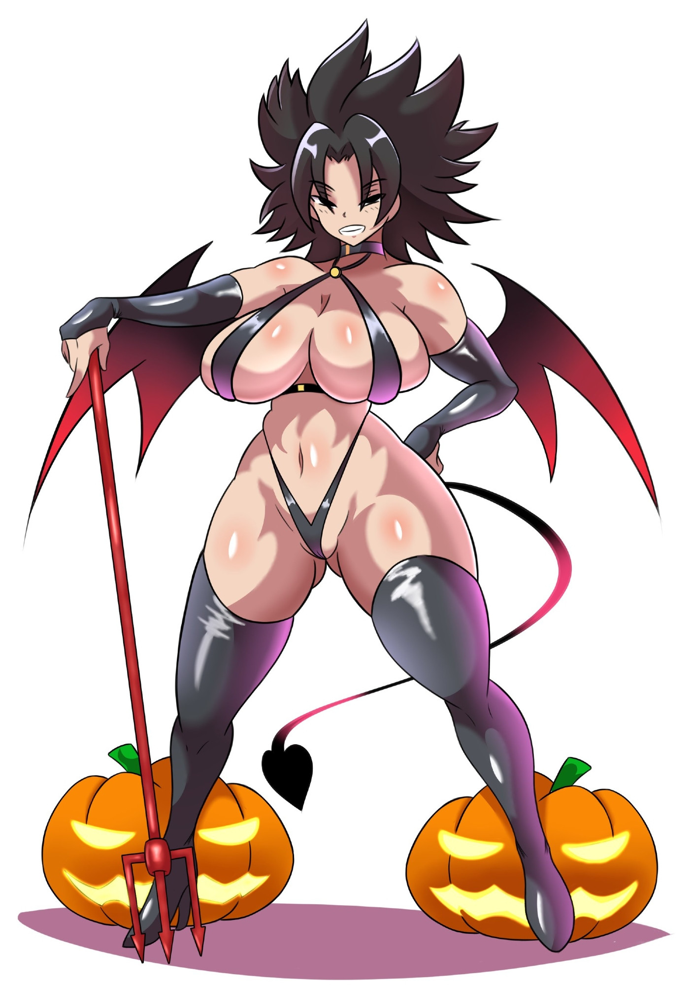 1girls, alternate body type, alternate breast size, bandai namco, big breasts, black eyes, black hair, breasts, caulifla, costume, curvaceous, curvaceous female, curvaceous figure, curves, curvy, curvy body, curvy female, curvy figure, curvy hips, curvy thighs, dark eyes, dark hair, dragon ball, dragon ball super, dragon ball z, female, female only, halloween, huge breasts, large breasts, looking at viewer, maymayuumi, pumpkin, shonen jump, simple background, smiling, smug, smug face, solo, solo female, succubus, tagme, tail, thick, thick thighs, toei animation, trident, white background