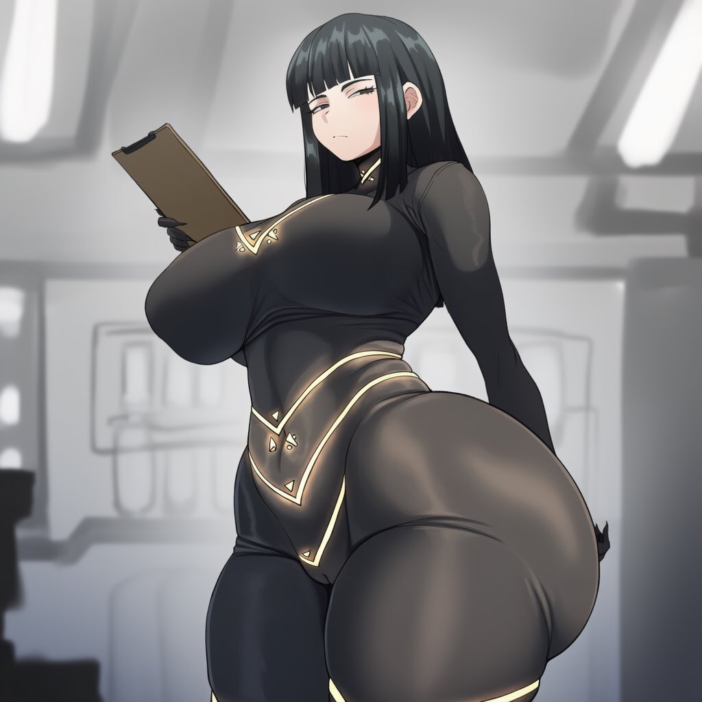 1girls, ai generated, ass, ass bigger than head, black eyes, black hair, bodysuit, breasts, cesara (limbus company), child bearing hips, cinderhee, female, female only, huge ass, huge breasts, indoor, indoors, laboratory, large breasts, limbus company, long hair, notepad, project moon, skin tight, skinsuit, solo, solo female, tagme, wide hips