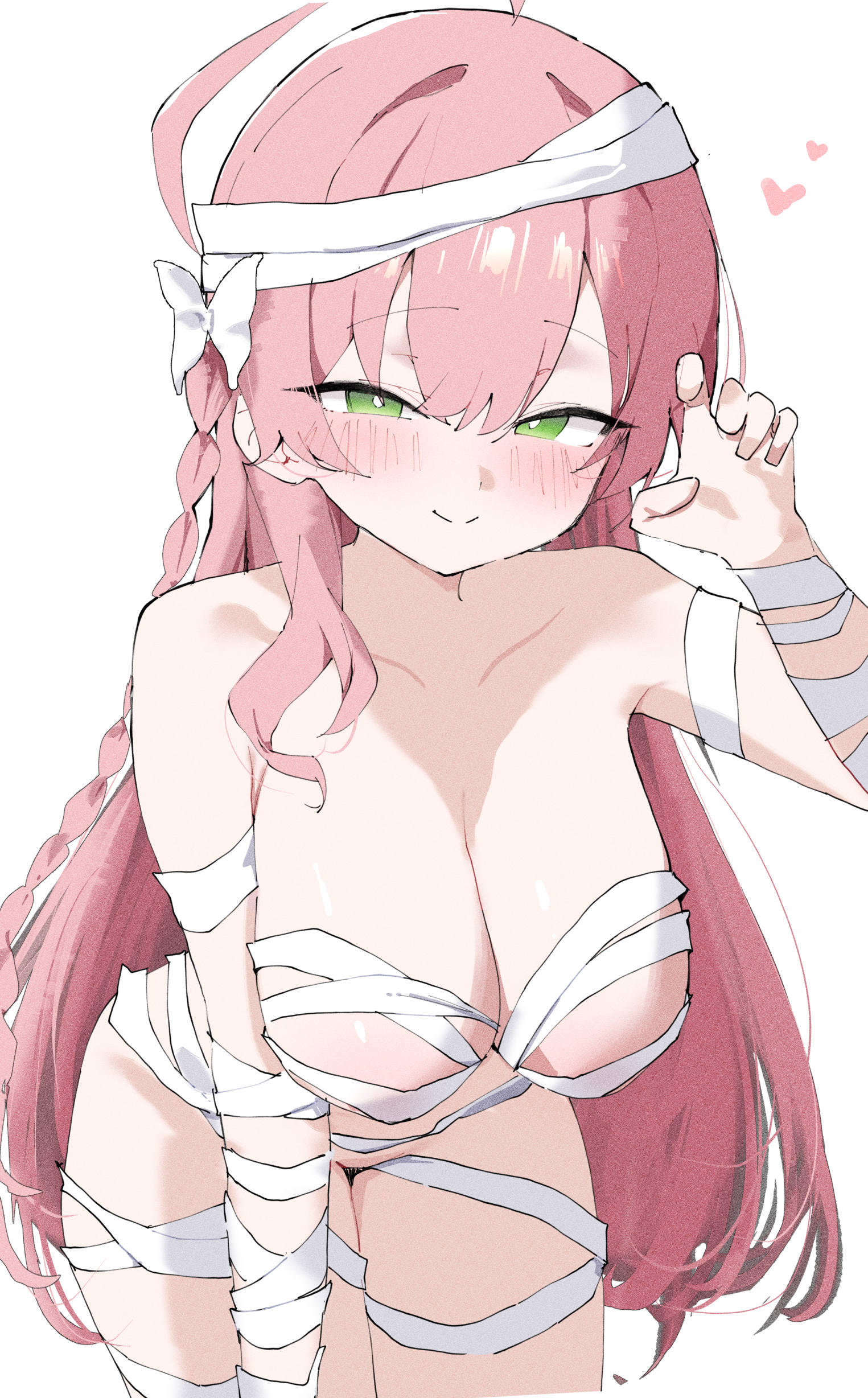 absurdres, ahoge, bandaged arm, bandaged chest, bandaged head, bandaged leg, bandages, blue archive, blush, bow, braid, breasts, closed mouth, collarbone, female, green eyes, groin, hairbow, halo, hanako (blue archive), heart, highres, huge breasts, leaning forward, long hair, looking at viewer, make-up work club (blue archive), mummy costume, naked bandage, pink hair, pink halo, simple background, smile, solo, terra tiri, thighs, trinity general school student, white background, white bow