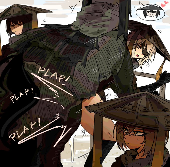 1girls, 4 legs, arczaeon, bamboo hat, bestiality, black bandages, black hair, black horse, black outfit, bunny girl, centaur, centaur male, centaur on female, centaur on humanoid, cum dripping, equine, eyepatch, faust (limbus company), female, gray fur, green eyes, hat, heishou pack-mao branch (identity) (project moon), heishou pack-wu branch (identity) (project moon), hooves, horse, horse armor, horse tail, implied penetration, limbus company, long hair, male, male centaur, one eye covered, one eye obstructed, onomatopoeia, open mouth, pale skin, partially clothed, project moon, red eyes, ryoshu (limbus company), scarf, simple background, straw hat, sweatdrop, text, watching, watching sex, white background, white hair, yellow eyes, yi sang (limbus company), yi sang (project moon), zoophilia