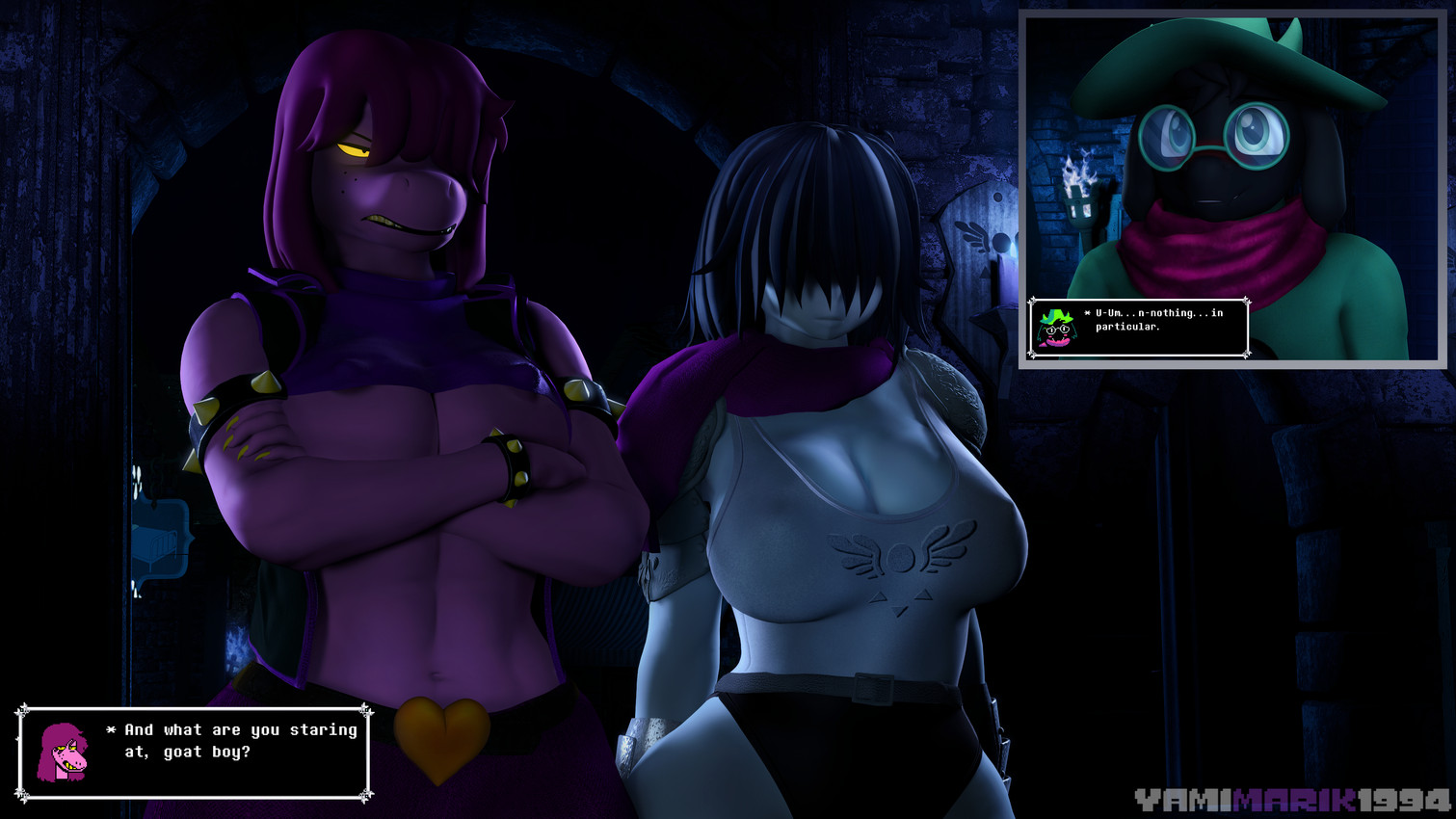 16:9, 2021, 3d, 3d (artwork), 3d animation, 4k, abs, absurd res, anthro, areola, areola slip, areolae, areolae slip, areolae visible through clothing, armor, big breasts, black body, black fur, blue body, blue hair, blue skin, blush, bovid, bracelet, breasts, caprine, cleavage, clothed, clothing, crossed arms, curvy figure, darkner, deltarune, detailed background, dialogue, digital media (artwork), english text, eyewear, female, fingers, fur, furry, furry male, glasses, goat, group, hair, hair over eyes, hat, headgear, headwear, hi res, huge breasts, human, jewelry, kris (deltarune), large breasts, male, mammal, navel, nipple outline, one eye obstructed, purple body, purple hair, purple skin, ralsei, ralsei with black fur, reptile, scalie, scarf, short hair, smile, source filmmaker (artwork), spiked bracelet, spikes, standing, susie (deltarune), teal eyes, teeth, text, topwear, under boob, undertale (series), vest, wide hips, widescreen, yamimarik1994, yellow sclera