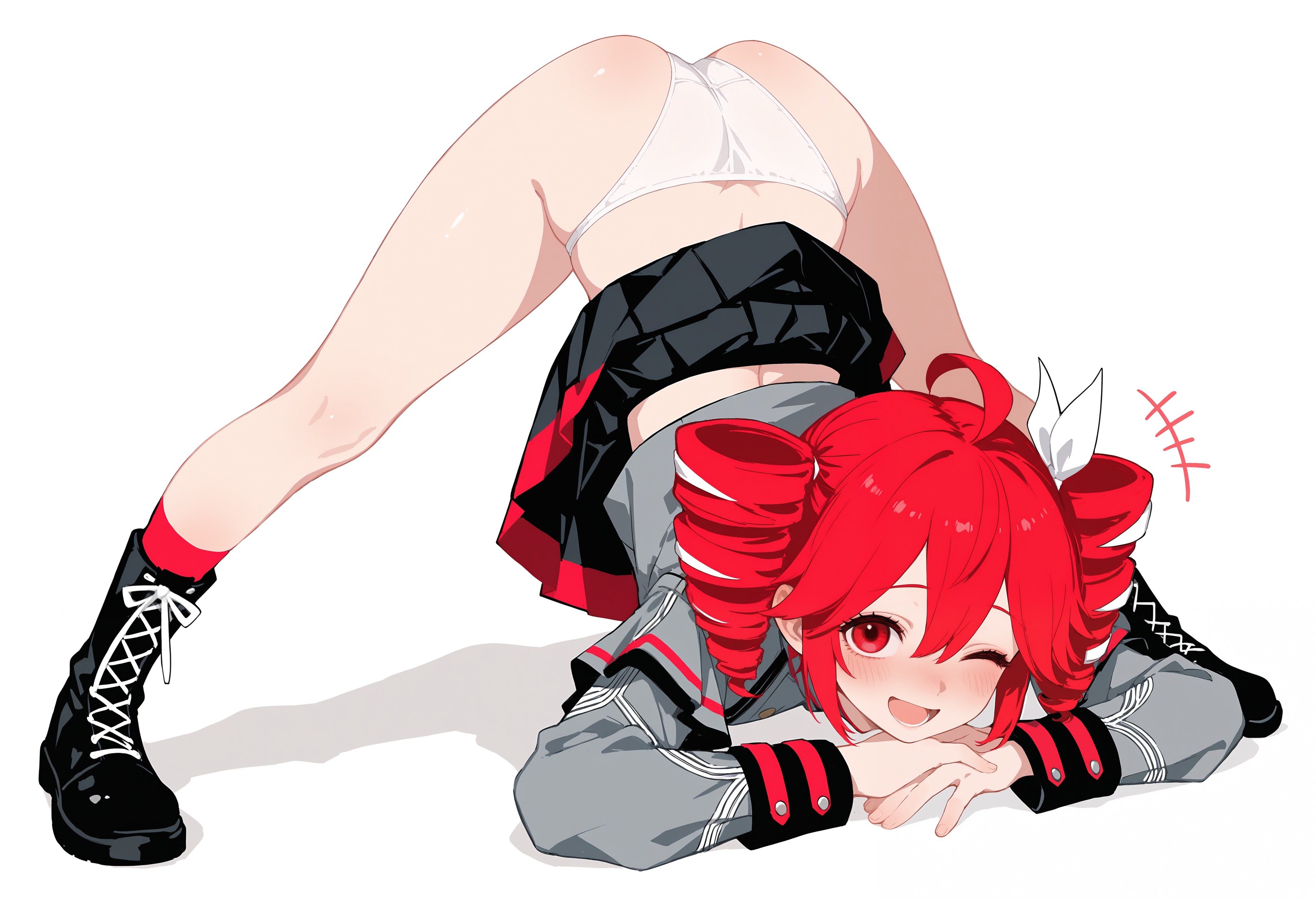 1girls, ahoge, ai generated, ass, ass up, ass up face down, blush, boots, clothed, clothed female, clothing, face down ass up, female, female only, flexible, flexible female, fully clothed, hair ornament, hairbow, jack-o pose, kasane teto, kasane teto (sv), one eye closed, open mouth, panties, petite, petite body, petite female, posing, red eyes, red hair, shiny skin, simple background, skinny, skinny female, skirt, skirt lift, skirt up, slim girl, slim waist, solo, solo female, suggestive, suggestive pose, synthesizer v, tetogallery, thick thighs, thighs, twin drills, underwear, upskirt, utau, wardrobe malfunction, white background, white panties, wink, winking