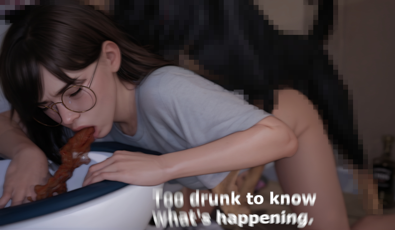 3d, 3d (artwork), brown hair, canine, dark hair, doggy style, drunk, drunk sex, english text, female, feral on female, feral on human, feral penetrating, glasses, hdr ntrgirl, hdregrets, rape, round glasses, text, vomit, zoophilia