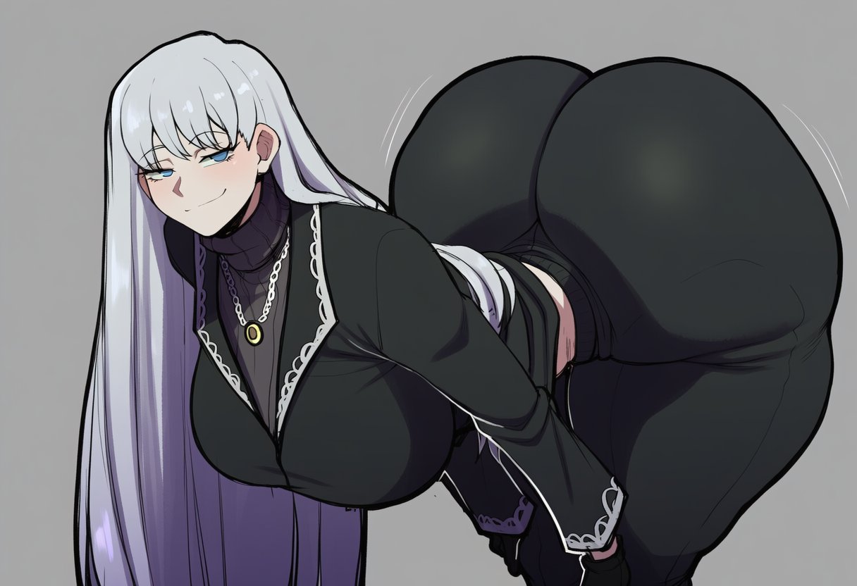 ai generated, angelica (library of ruina), ass, big ass, big breasts, bimbasileia, blue eyes, breasts, female, gloves, hands on knees, huge ass, huge breasts, library of ruina, long hair, project moon, smug, white hair