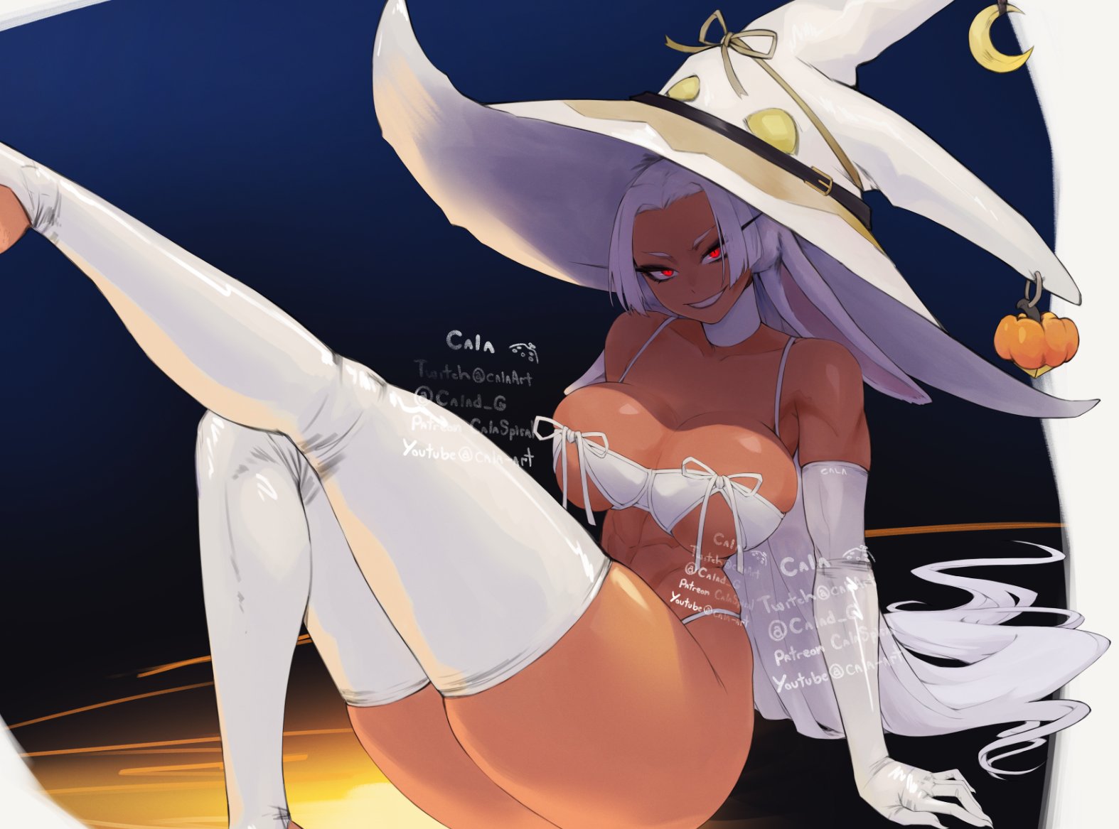 animal ears, artist name, bare shoulders, boku no hero academia, breasts, cleavage, collarbone, commentary, crescent, crescent hat ornament, dark skin, dark-skinned female, elbow gloves, english commentary, feet out of frame, female, floppy ears, gabriel carrasquillo, gloves, halloween costume, hat, hat ornament, large breasts, leg up, long eyelashes, long hair, looking at viewer, mirko, miruko, my hero academia, parted bangs, pumpkin hat ornament, rabbit ears, rabbit girl, red eyes, rumi usagiyama, sitting, skindentation, smile, solo, thick thighs, thighhighs, thighs, toned, toned female, very long hair, white gloves, white hair, white hat, witch, witch hat