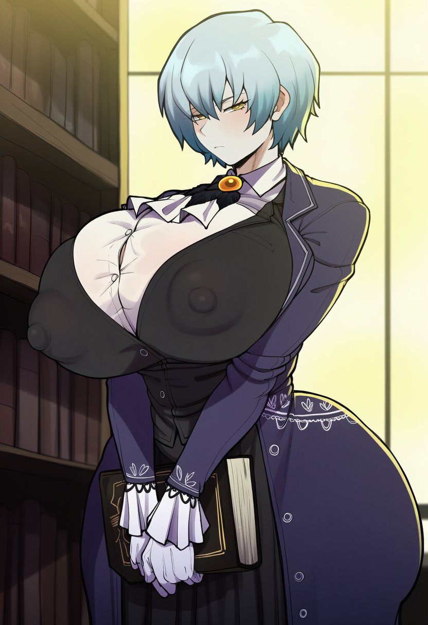ai generated, angela (library of ruina), angela (lobotomy corporation), ass, big ass, big breasts, bimbasileia, blue clothing, breasts, female, huge ass, huge breasts, library of ruina, lobotomy corporation, nipple bulge, nipples, project moon, short hair, white hair, yellow eyes