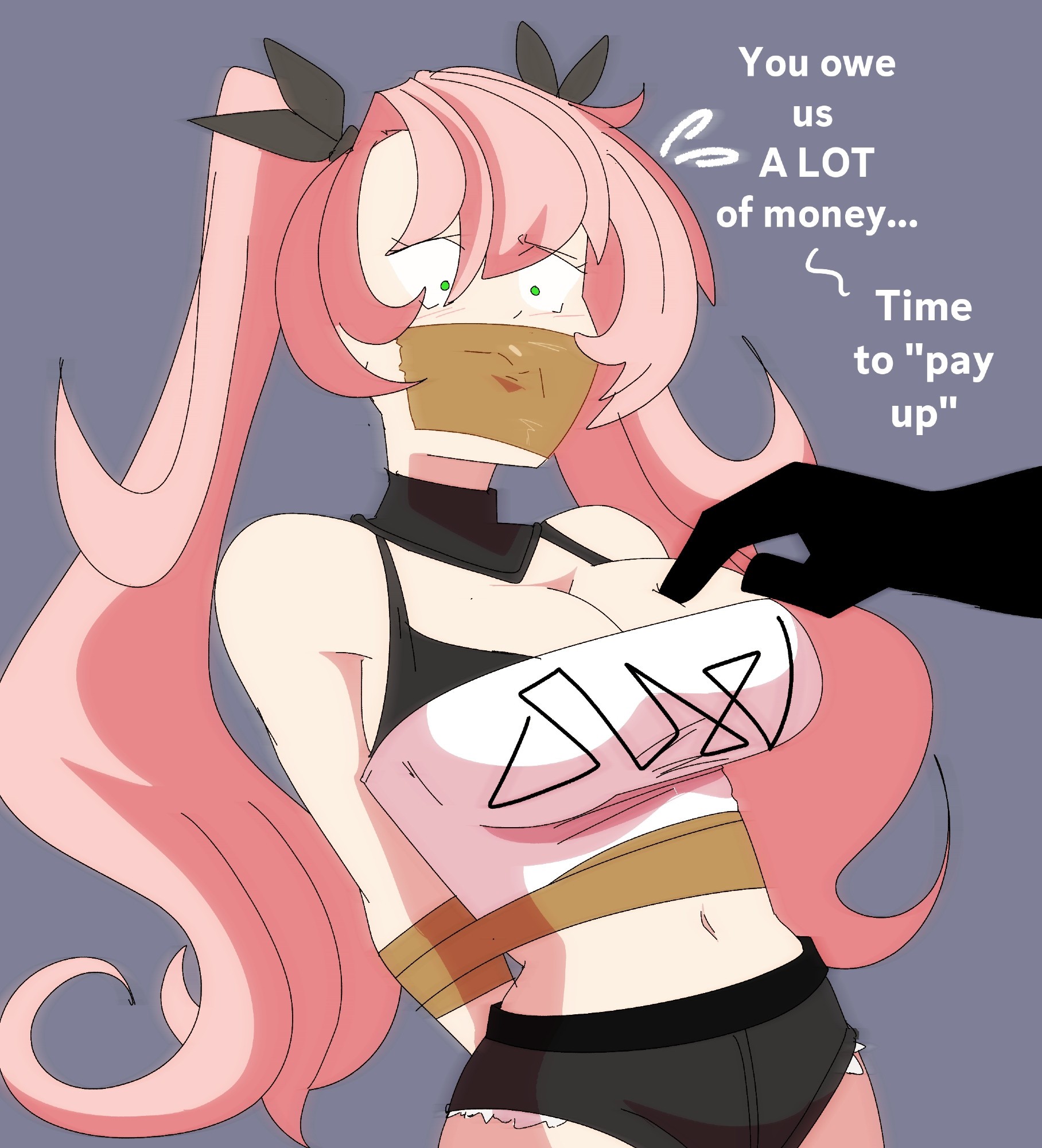 about to be raped, about to be violated, afraid, arms behind back, arms tied, belly, belly button, big breasts, blush, blush lines, bondage, bound, bra, captive, captured, cleavage, crop top, dialogue, english, english text, eyes open, gag, gagged, green eyes, grope, groped, groping breast, hand on breast, helpless, helpless female, imminent rape, inevitable rape, light-skinned female, long hair, midriff, molestation, molesting, nicole demara, overboob, pink hair, restrained, scared, scared face, scotchwaifus, short shorts, shorts, tape bondage, tape gag, taped arms, taped mouth, trapped, twintails, zenless zone zero