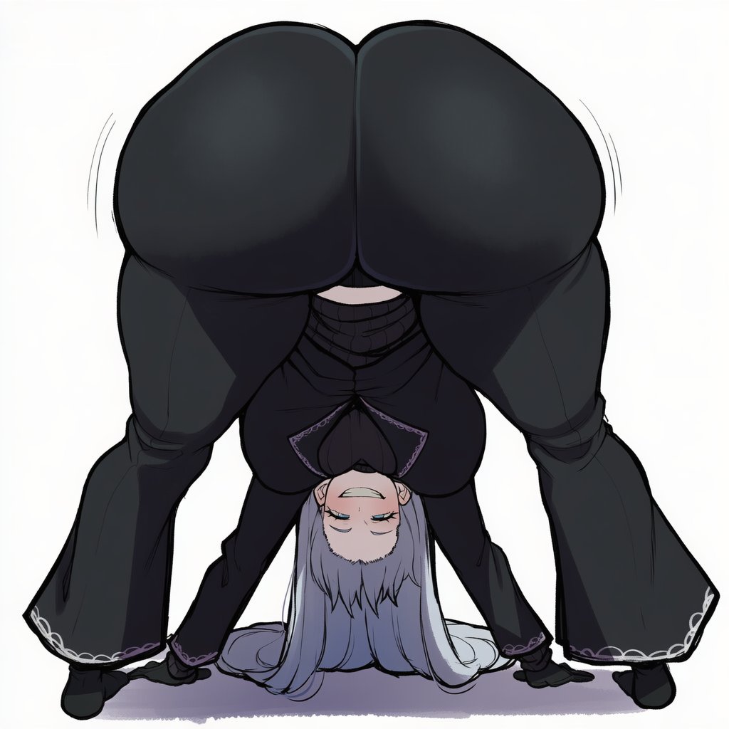 ai generated, angelica (library of ruina), ass, big ass, big breasts, bimbasileia, blazer, blue eyes, breasts, female, hands on floor, huge ass, library of ruina, project moon, tight pants, white hair, wobbling ass