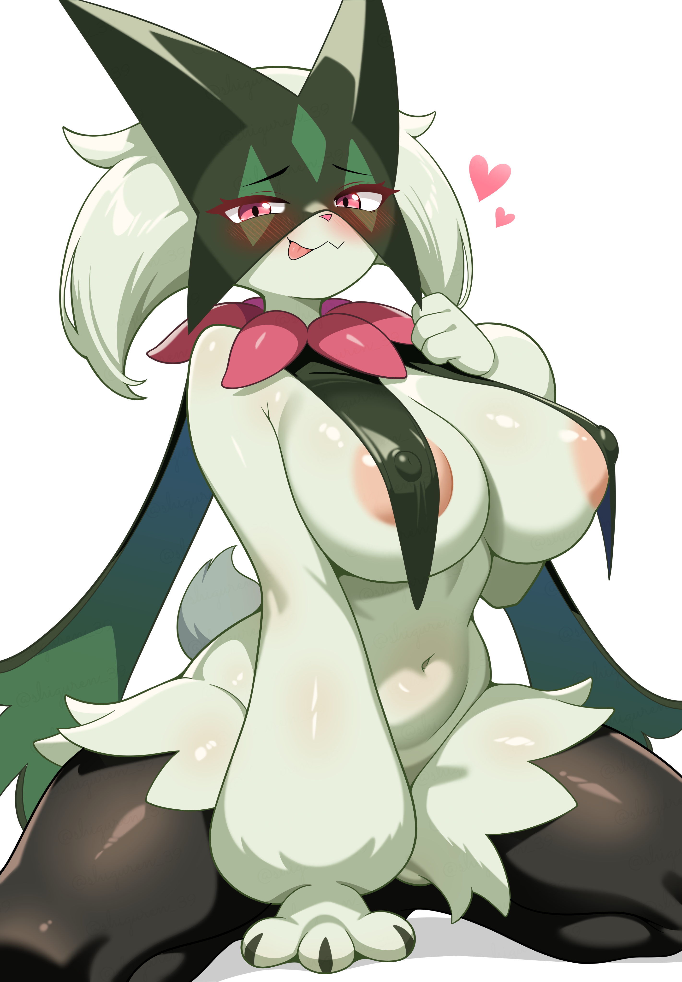 :p, absurdres, blush, body fur, breasts, commentary request, covered erect nipples, female, furry, furry female, green fur, highres, large breasts, looking at viewer, meowscarada, navel, nintendo, nipples, pink eyes, pokemon, pokemon (creature), shiguren 39, simple background, sitting, solo, tongue, tongue out, white background