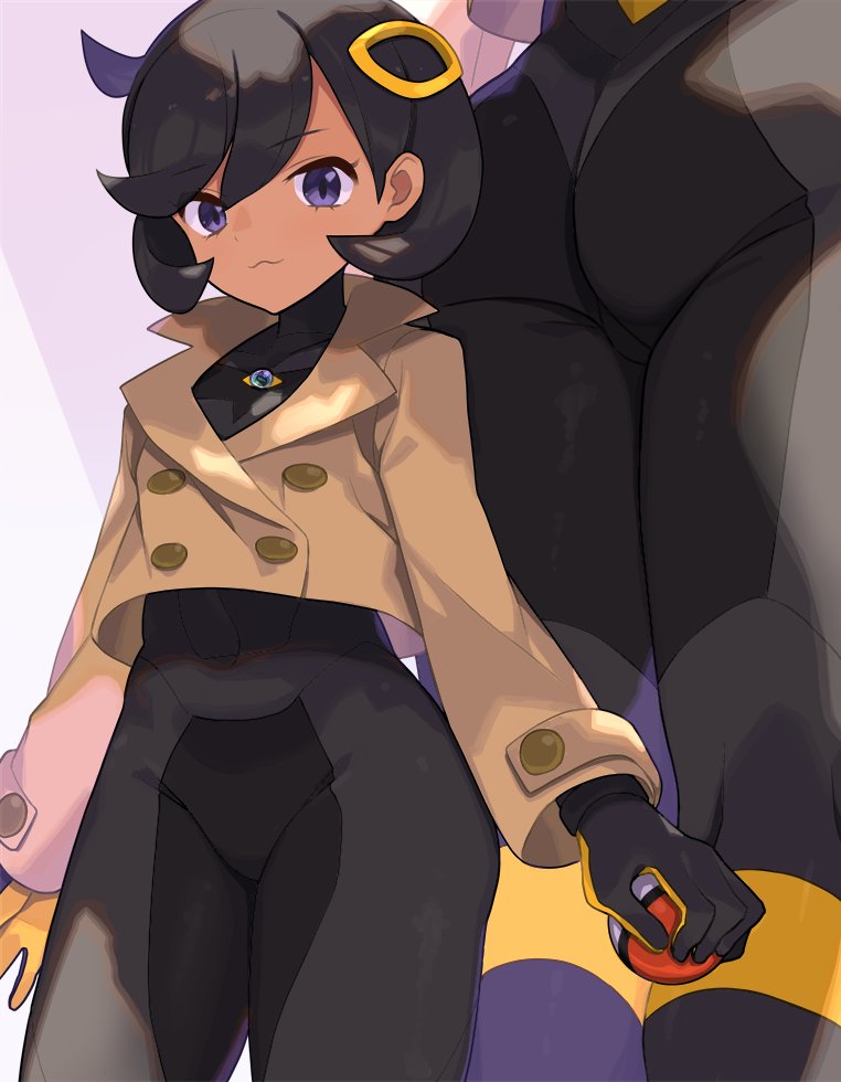 :3, 1girls, ass, black bodysuit, black gloves, black hair, bodysuit, bodysuit under clothes, breasts, brown jacket, closed mouth, dark skin, dark-skinned female, emma (pokemon legends: z-a), emma (pokemon), female, gloves, hair ornament, holding, holding poke ball, jacket, looking at viewer, matiere (pokemon legends: z-a), matiere (pokemon), nintendo, poke ball, poke ball (basic), pokemon, pokemon legends: z-a, purple eyes, short black hair, short hair, smile, spring2013
