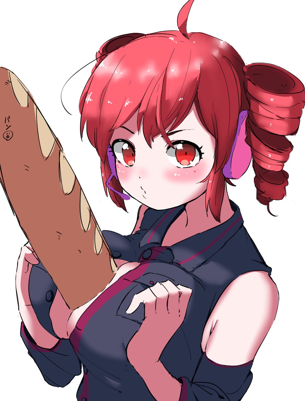 1girls, 2d, 2d (artwork), ahoge, arm tattoo, baguette, big breasts, big eyes, big head, blush, blush lines, blushing profusely, bread, breast grab, breasts, cleavage, clothed, clothed female, clothing, colored sketch, detached sleeves, dot nose, drill hair, embarrassed, embarrassed female, female, female only, food, fully clothed, grabbing breasts, half-closed eyes, headgear, headphones, headset, headset microphone, high-angle view, huge breasts, implied paizuri, innuendo, kasane teto, large breasts, light skin, light-skinned female, looking at viewer, looking down, matching hair/eyes, object between breasts, open mouth, open shirt, oshijuu748, pink headphones, plump, plump breasts, pressing breasts together, puckered lips, red eyes, red hair, round eyes, simple background, sleeveless shirt, sleeveless topwear, sleeveless vest, slim waist, solo, solo female, suggestive, suggestive gesture, sweat, sweating, tattoo, twin drills, unbuttoned, unbuttoned shirt, upper body, upper body focus, utau, voluptuous, voluptuous female, white background