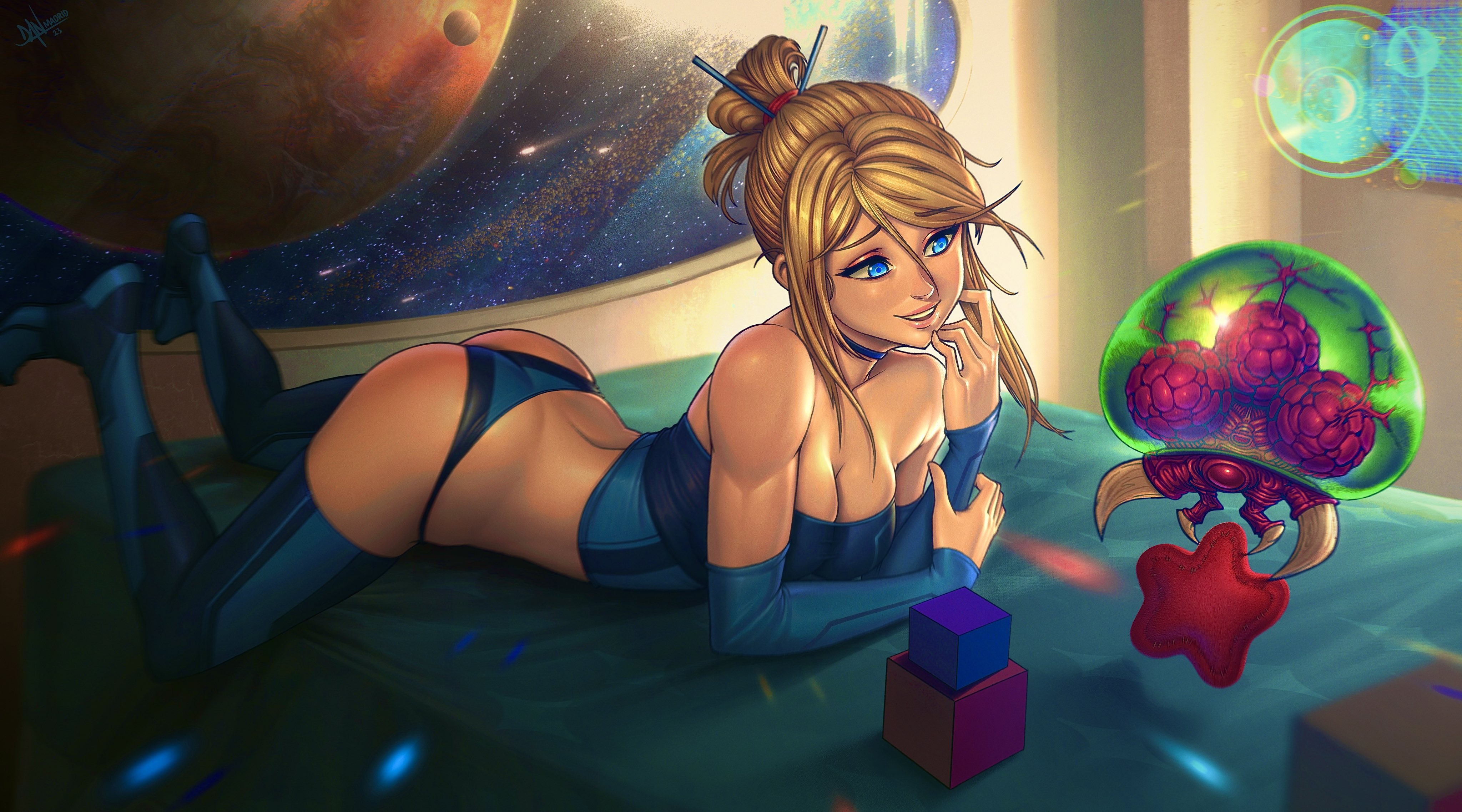 1girls, blonde hair, danderfull, female, metroid, metroid (creature), nintendo, samus aran