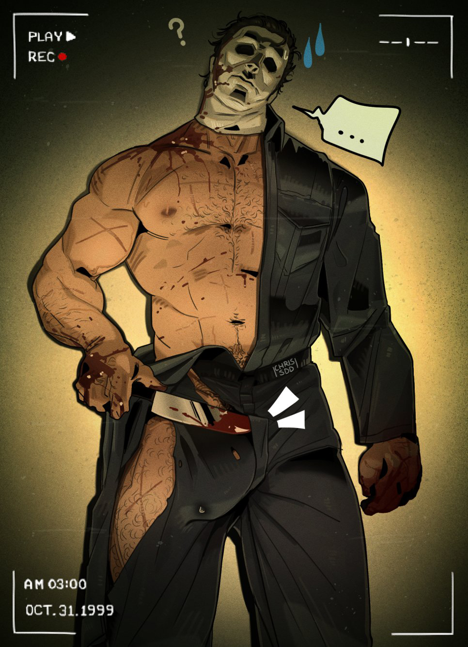 1boy, abs, bara, biceps, big bulge, bulge, chris sdd, clothing, daddy, dilf, erection under clothes, halloween, halloween (series), male, male nipples, male only, manly, mask, masked male, mature male, michael myers, muscular, muscular male, nipples, pecs, penis, penis outline, solo