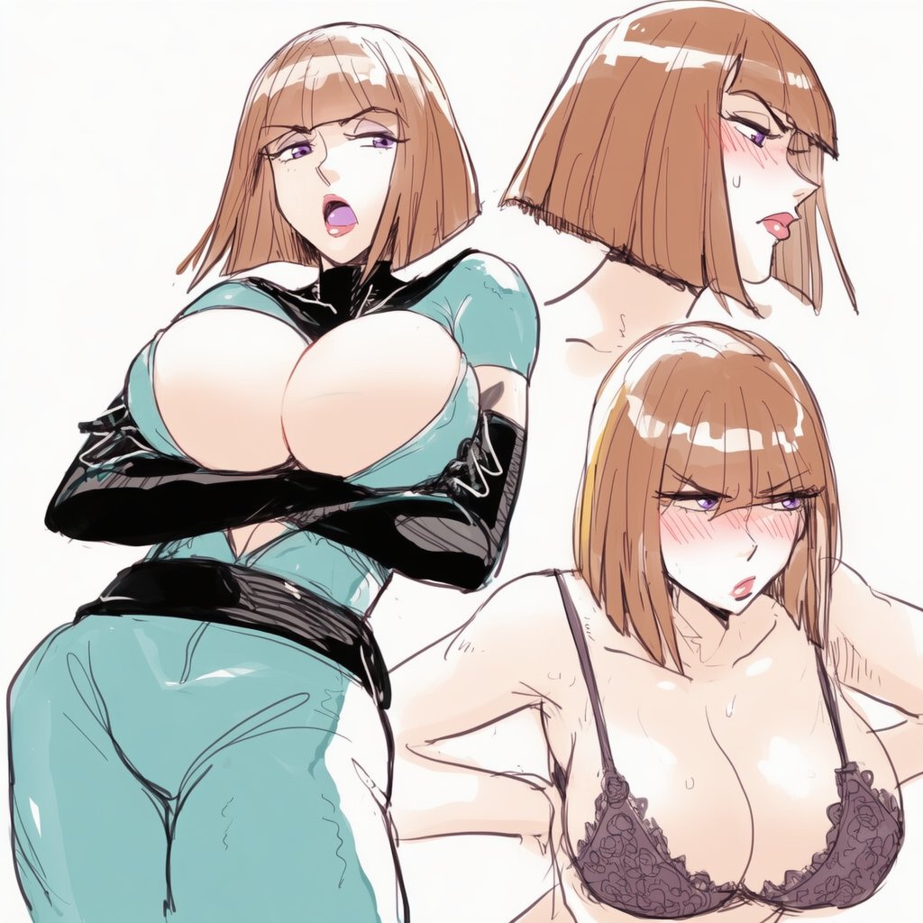 1girls, 2025, 2d, 2d (artwork), ai generated, big breasts, blush, bra, breasts, brown hair, cleavage, danny phantom, female, female only, grumpy, huge breasts, human, human only, lapis slopzuli, maddie fenton, madeline fenton, mature female, milf, multiple images, nickelodeon, orange hair, purple eyes, short hair, simple background, solo, solo female, unzipped bodysuit, uravity98114, white background