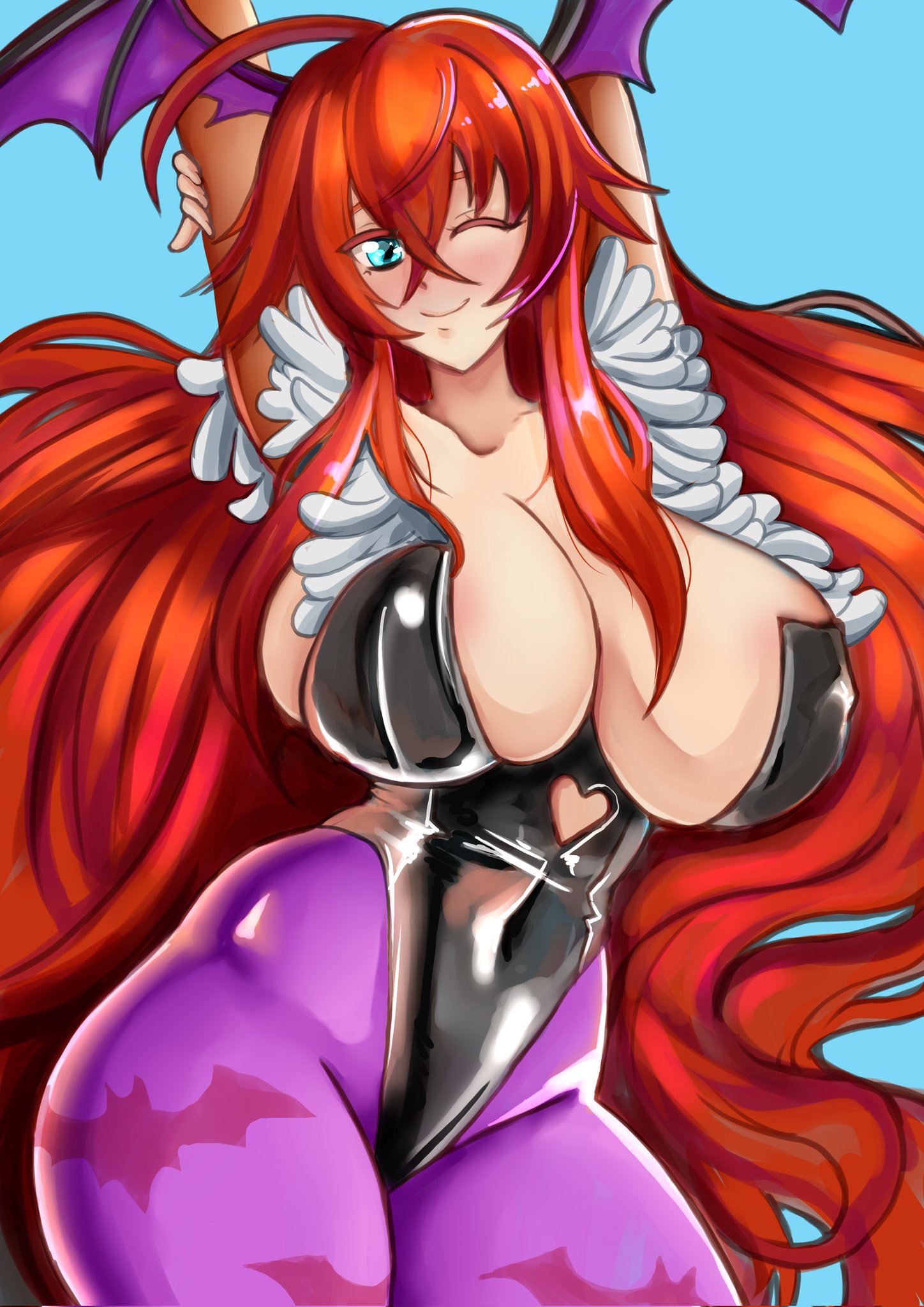 1girls, bat wings, big breasts, blue eyes, breasts, bridal gauntlets, cleavage, cosplay, covered navel, darkstalkers, female, female only, halloween, head wings, high school dxd, hinton blitz, huge breasts, large breasts, leotard, long hair, morrigan aensland, morrigan aensland (cosplay), pantyhose, red hair, revealing clothes, rias gremory, silf, skimpy clothes, smile, solo, wings