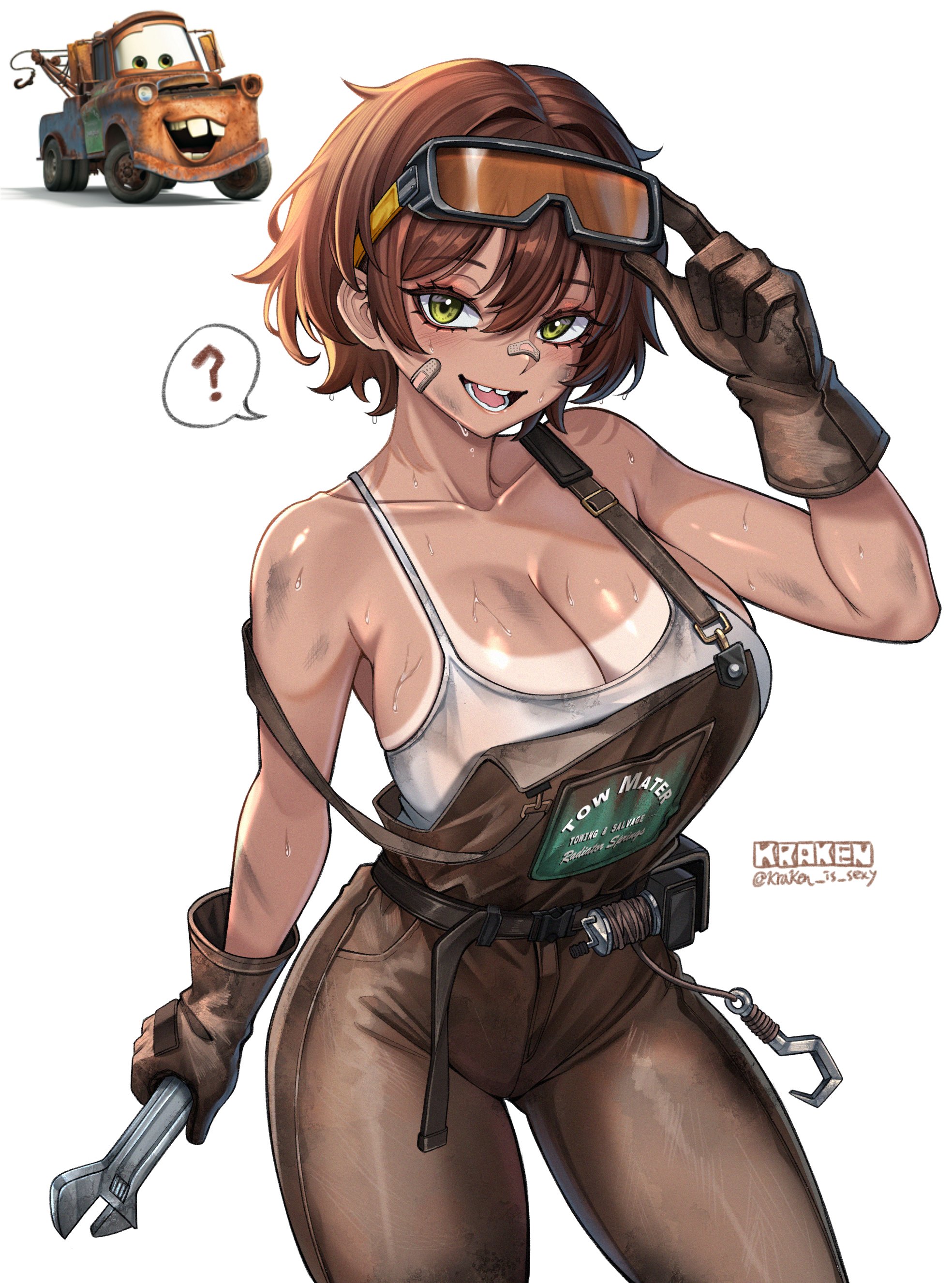 big breasts, breasts, cars (film), defined tanline, denim, female, humanized, mater, smile, smiling, smiling at viewer, sweat, sweating, tan body, tan skin, tanline, teeth gap