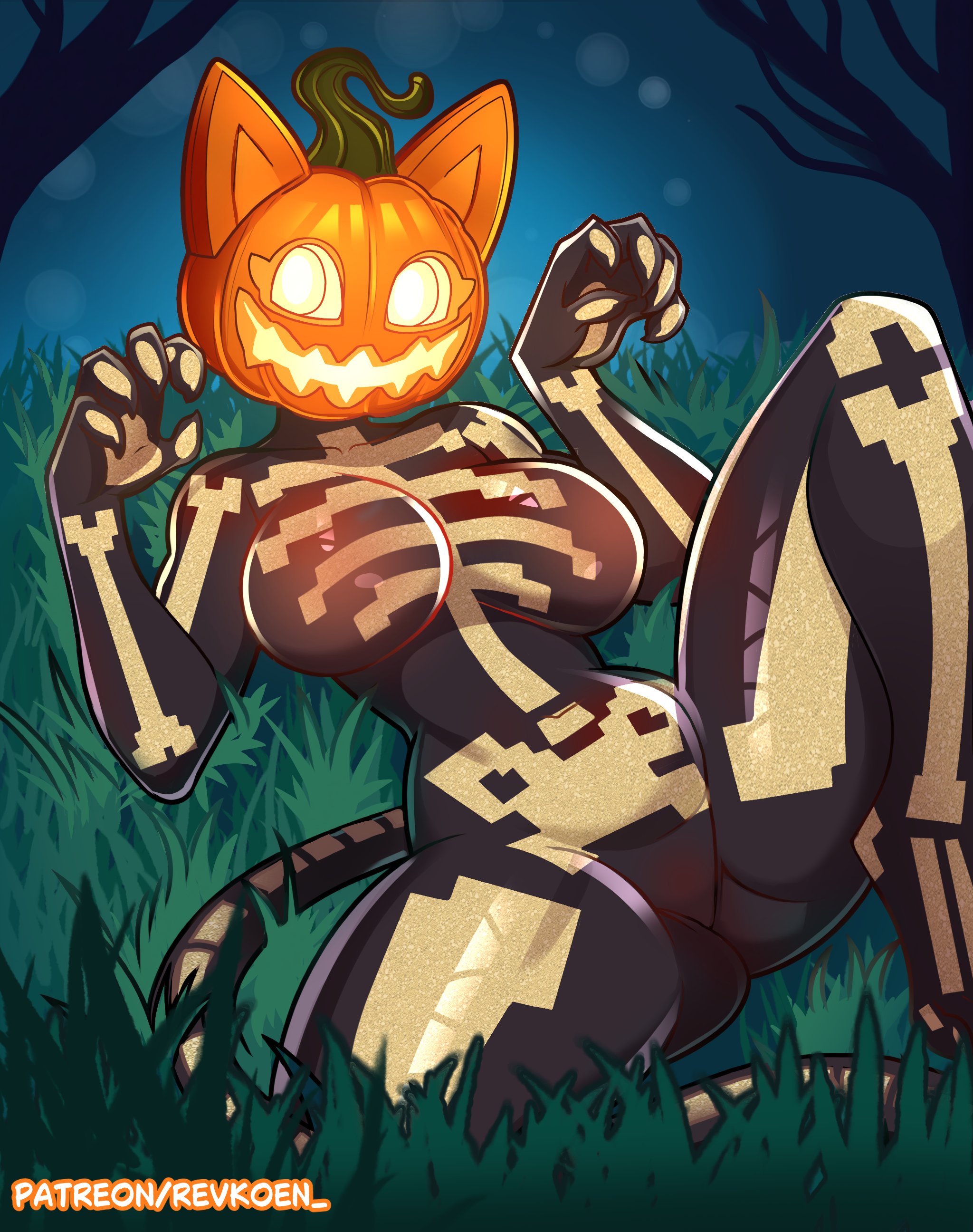 anthro, anthro female, big breasts, breasts, female, female focus, female only, fortnite, fortnite: battle royale, furry, fury female, halloween, halloween theme, jack-o'-lantern, large boobs, large breasts, looking at viewer, pumpkin head, revkoen, spice (fortnite)