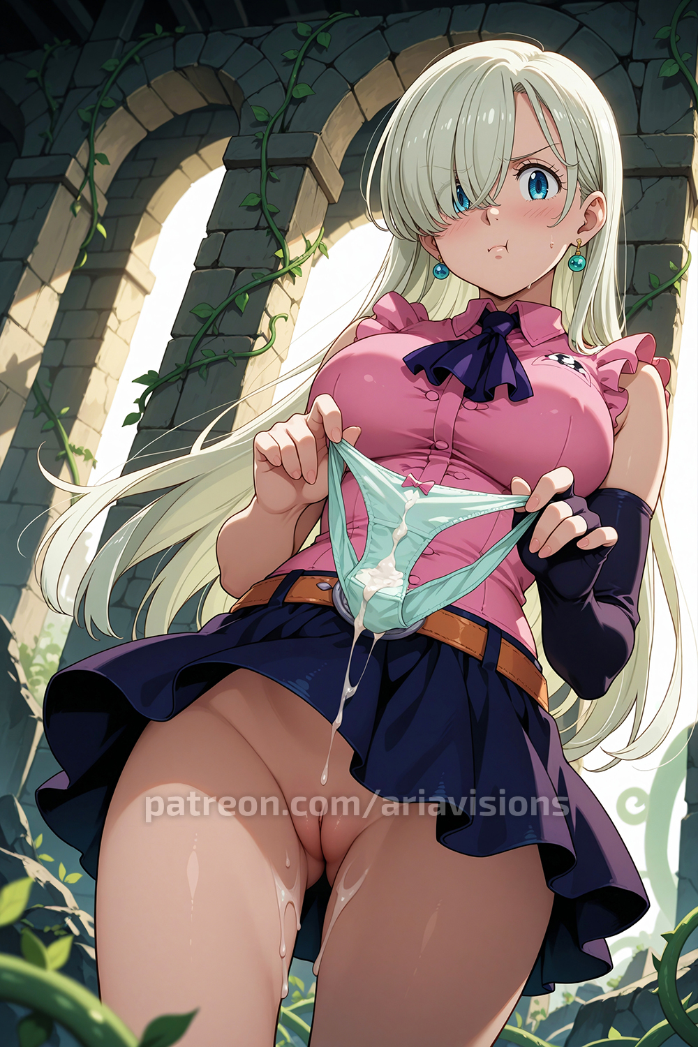:t, ai generated, ariavisions, black skirt, blue eyes, bottomless, cum on panties, earrings, elizabeth liones, female, grey hair, holding panties, long hair, nanatsu no taizai, one eye covered, pink shirt, pout, seven deadly sins, sleeveless, white hair