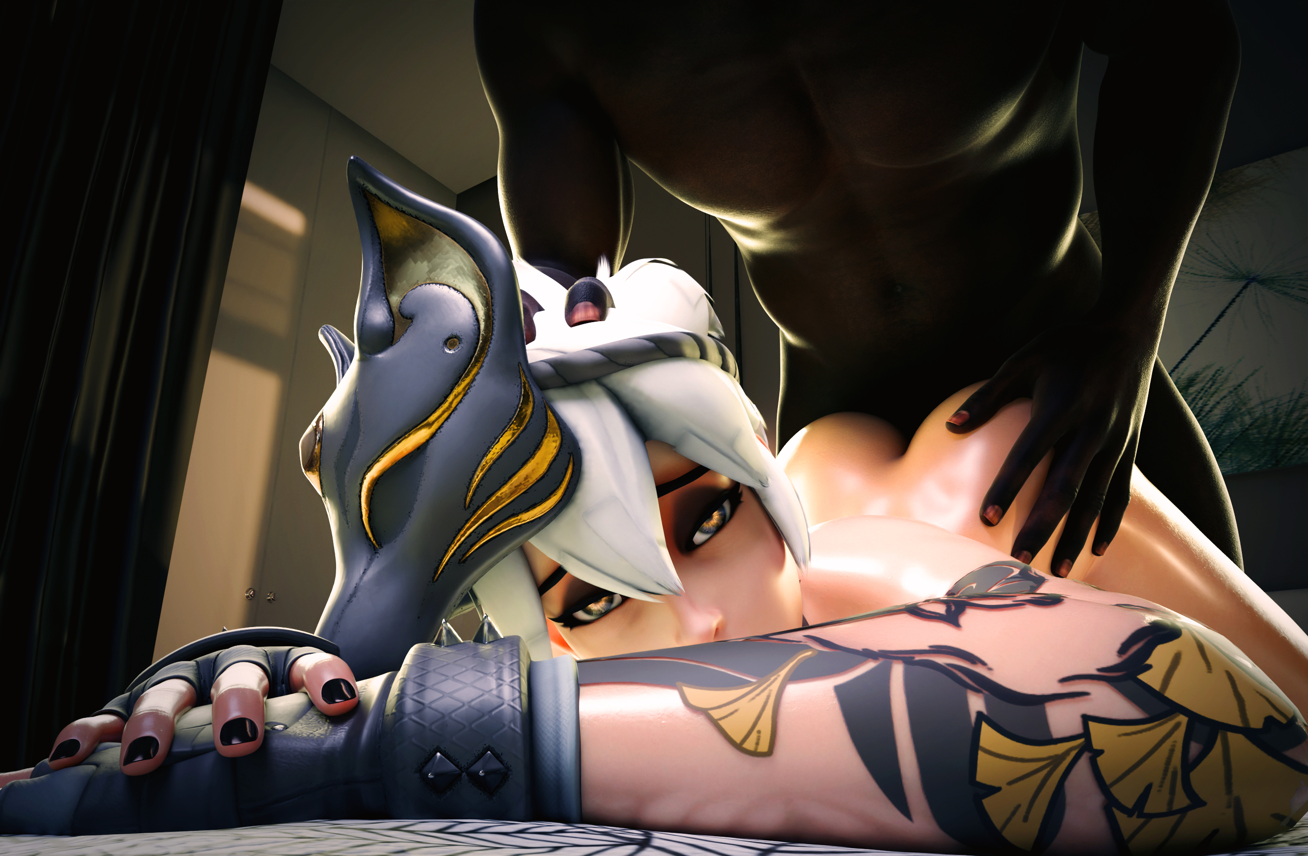 3d, activision, blender, blizzard entertainment, dark-skinned male, female, glowing eyes, gxnsfwtgirl, hashimoto kiriko, hi res, huge ass, in bed, interracial, japanese female, kiriko (overwatch), kiriko kamori, light-skinned female, looking at viewer, looking pleasured, male, mirrorwatch, naked, overwatch, overwatch 2, penetration, sex, short hair, spread legs, sxnsfwtgirl, tagme, thick thighs, video game character, voluptuous female, white hair, yellow eyes