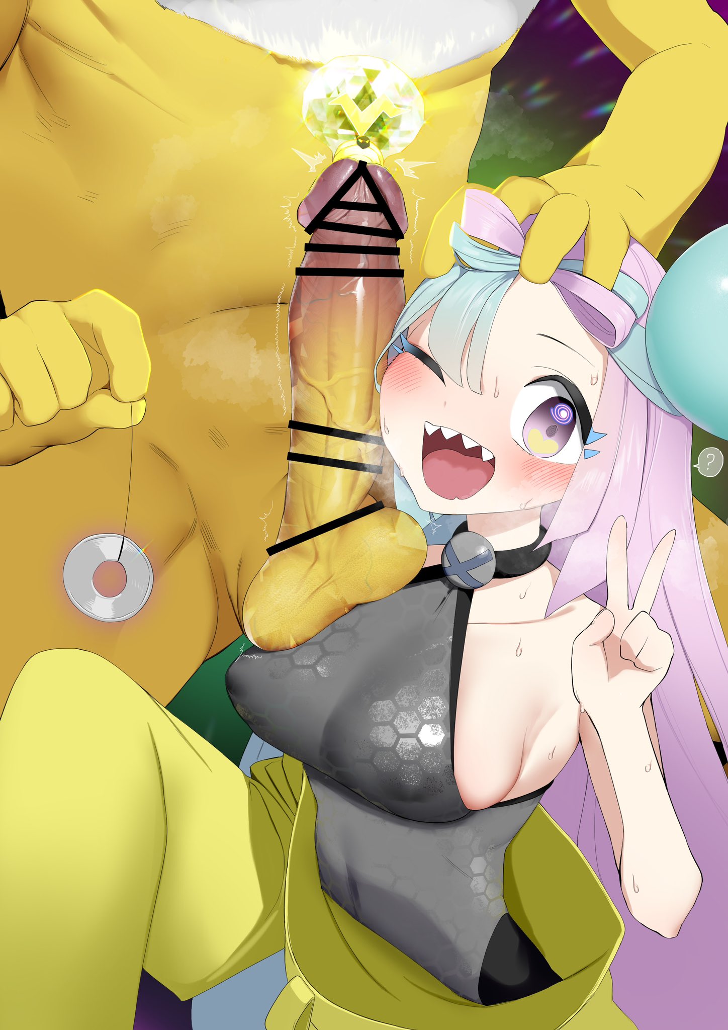 balls, bar censor, boobs, breasts, censor bar, censored, censored penis, cock, dick, female, genitals, hand on another's head, hand on head, hypno, iono (pokemon), male, medium breasts, nipple bulge, no bra, one eye closed, open mouth, penis, pokemon, pokemon rgby, pokemon sv, pokephilia, raenoreto, sharp teeth, testicles, tits, v sign, veiny penis