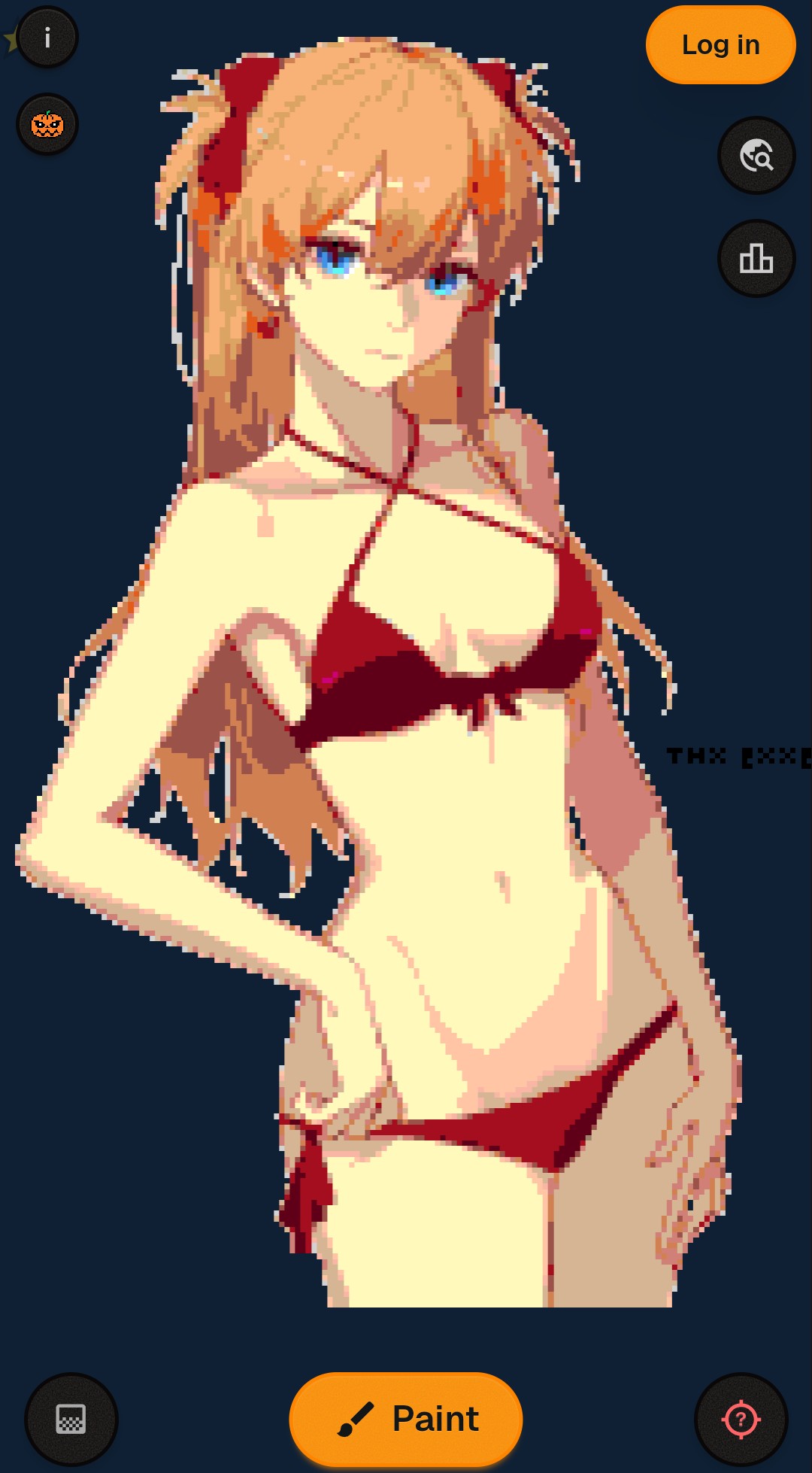 1girls, 1zayoihypoxia, asuka langley sohryu, bare arms, bare legs, bikini, blue eyes, breasts, brown hair, earrings, female, hair between eyes, hair ribbon, highres, jewelry, legs together, long hair, medium breasts, neon genesis evangelion, pixel art, red bikini, ribbon, shiny skin, short twintails, side-tie bikini bottom, solo, souryuu asuka langley, split mouth, swimsuit, twintails, white background, wide hips, wplace