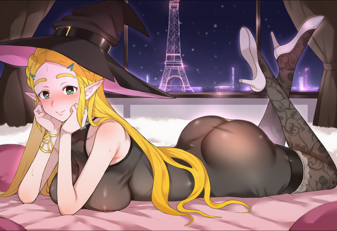 ai generated, beautiful, black dress, blush, breasts, breath of the wild, city skyline, cityscape, cosplay, eiffel tower, eye contact pov, female, france, gold bracelet, hair clips, hair ornament, halloween costume, hands under chin, heart-shaped pupils, high heels, huge ass, huge breasts, lace stockings, lace trim, leggings, love hotel, lying on stomach, modeling, nipples peek, nipples visible through clothing, on bed, princess zelda, ready to fuck, see-through clothing, self upload, sexy, sexy body, sexy pose, smile, smiling at viewer, solo, solo female, solo focus, the legend of zelda, waiting for sex, witch hat, zelda (breath of the wild)