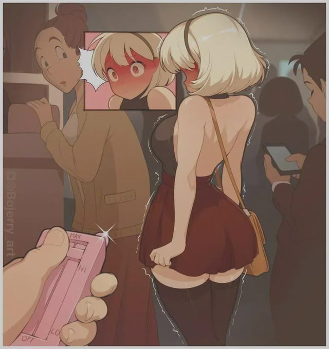 1boy, 1girls, artist request, blonde hair, blush, public, skirt, tagme, thighhighs, vibrator