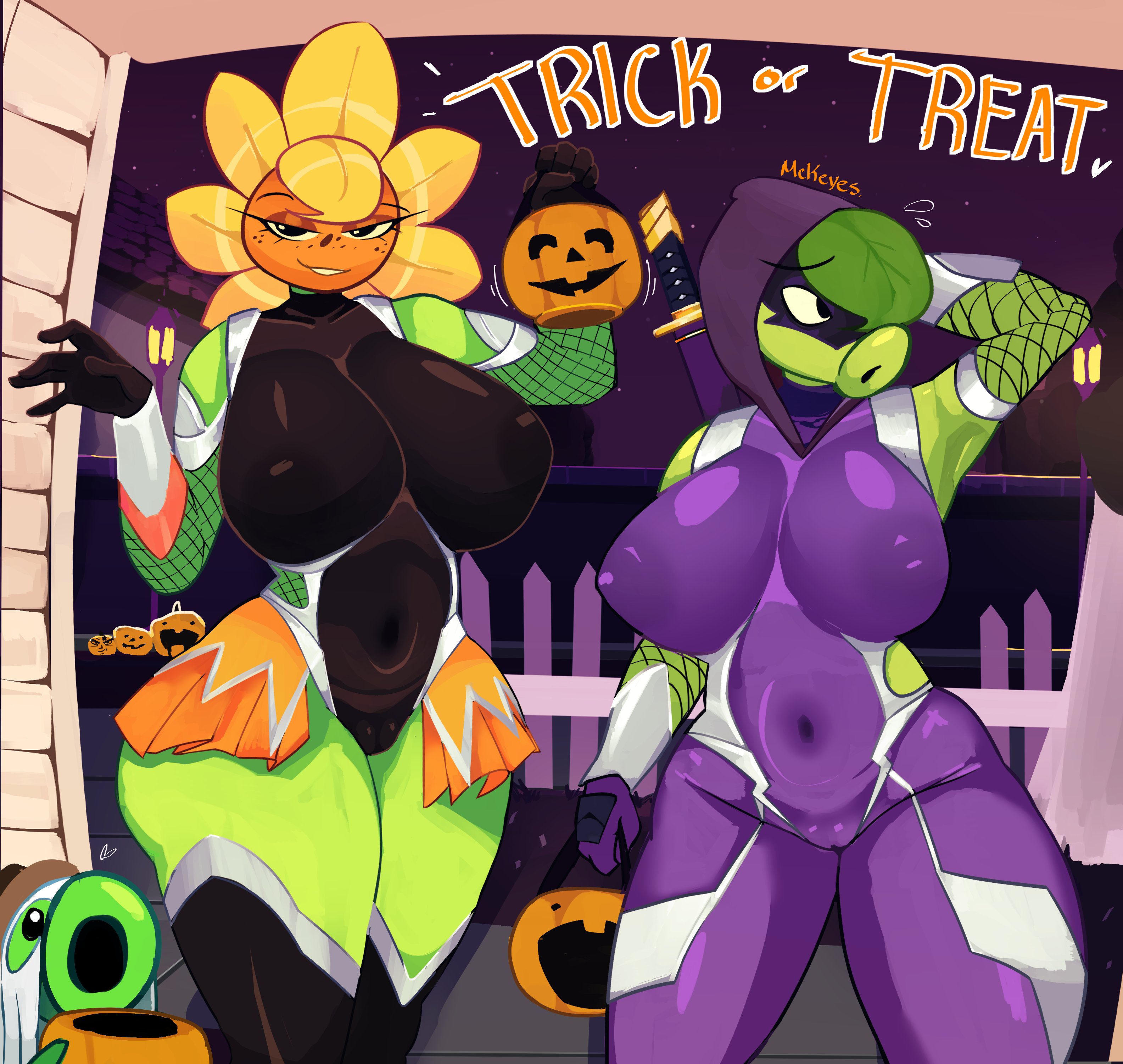 2025, 2d, 2girls, anthro, areola, belly, belly button, big areola, big breasts, big nipples, big thighs, bodysuit, breasts, chicharito, clothed, clothing, cosplay, costume, detailed background, dialogue, english text, female, female only, gigantic ass, gigantic breasts, gigantic thighs, green body, green shadow (pvz), green skin, halloween, halloween costume, huge areola, huge breasts, huge nipples, huge thighs, humanoid, hyper, hyper ass, hyper breasts, hyper thighs, igawa asagi (cosplay), igawa sakura (cosplay), large breasts, mckeyes, multiple females, multiple girls, nipples, nipples visible through clothing, panties, peashooter (pvz), plant, plant girl, plants vs zombies, pussy, pussy visible through clothes, solar flare (pvz), sunflower, sunflower (pvz), taimanin (series), taimanin asagi, text, thick thighs, thighs, tight clothes, tight clothing, tight fit, trick or treat, tummy, yellow hair