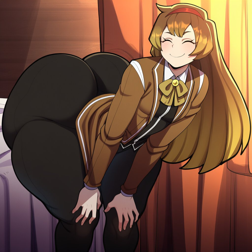 ai generated, ass, big ass, big thighs, bimbasileia, black pants, brown hair, closed eyes, female, flat chest, huge ass, library of ruina, long hair, malkuth (lobotomy corporation), project moon, smile, thighs, tight pants