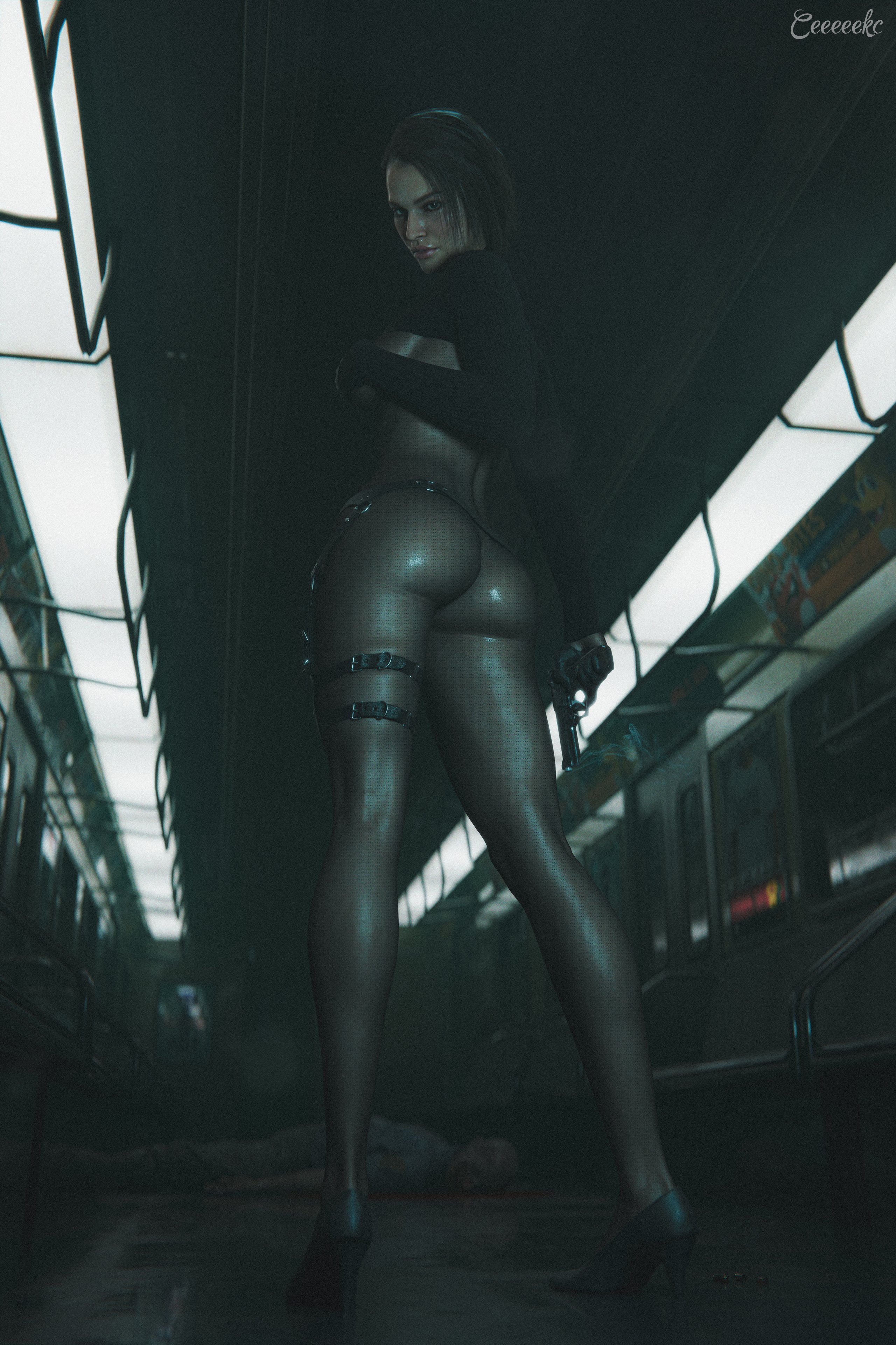 1girls, 3d, ass, biohazard, blue eyes, bodystocking, breasts, breasts visible through clothing, brown hair, ceeeeekc, covering breasts, covering self, crop top, crop top sweater, detailed background, female, female focus, full body, gun, handgun, high heels, highly detailed, holster, indoors, jill valentine, jill valentine (sasha zotova), legs, legs apart, long legs, long sleeves, looking at viewer, medium breasts, no visible genitalia, nude underneath, pistol, pussy, rear view, resident evil, resident evil 3, resident evil 3 remake, short hair, smoking gun, solo, standing, subway train, thigh holster, thigh strap, thighs, undead, useless clothing, vulva, weapon, zombie