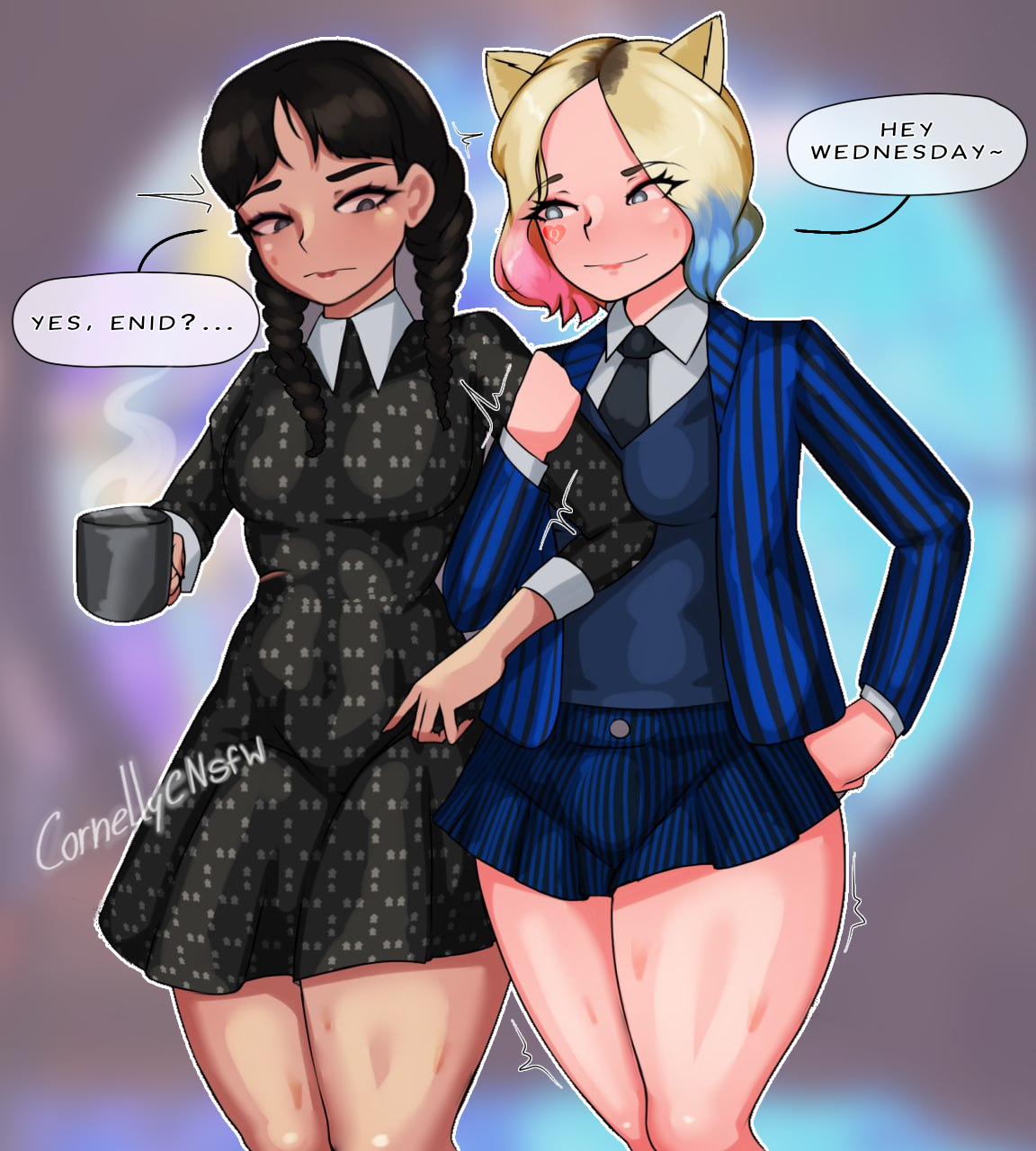 2girls, alternate version available, big ass, black hair, blonde hair, coffee, cornellyc, dyed hair, english text, enid sinclair, female, female only, latina, miniskirt, petite, queen of hearts, school uniform, small female, tagme, the addams family, wednesday (netflix), wednesday addams, wide hips