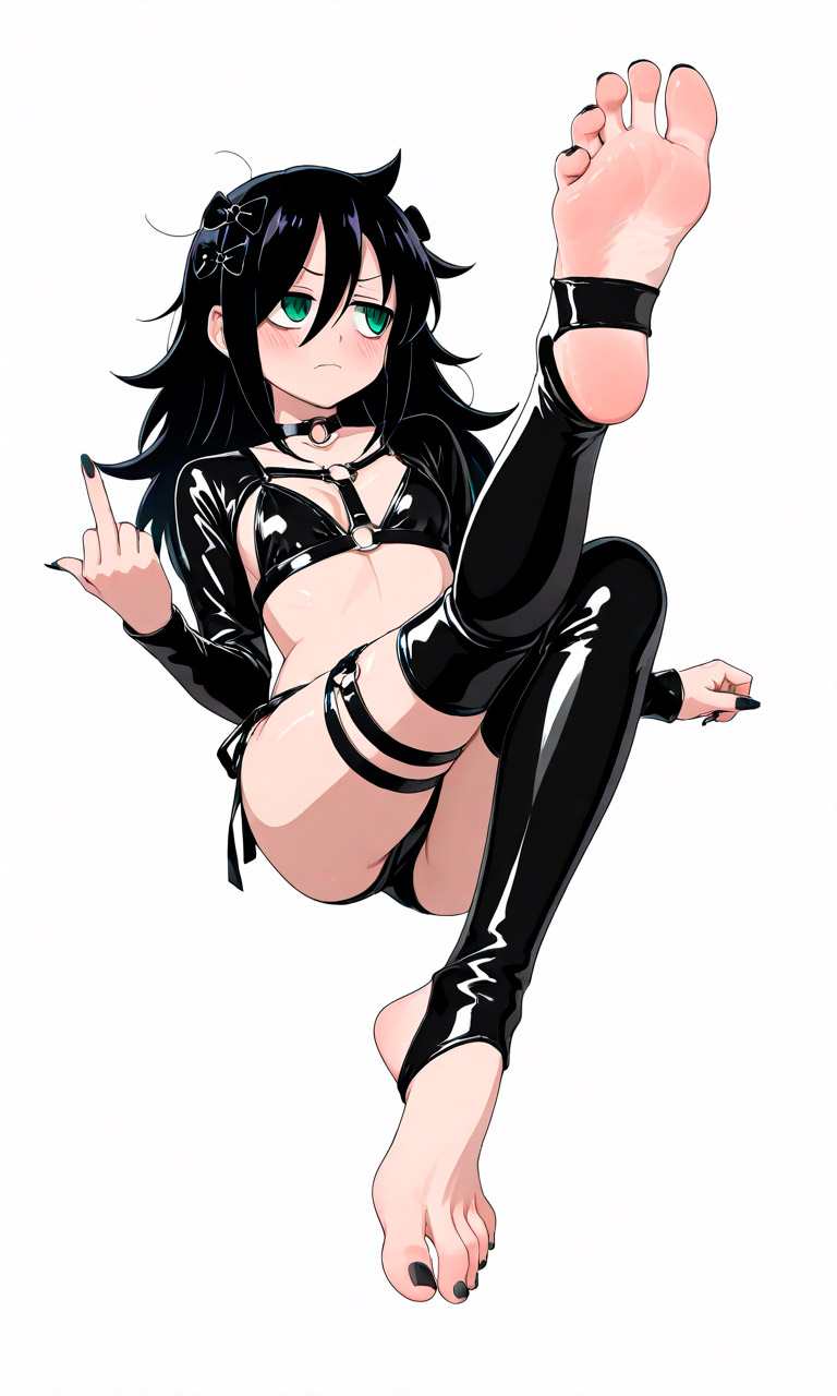 ai art, ai generated, black hair, bow, feet, feet fetish, feet focus, feet up, female, female focus, female only, femdom, foot fetish, foot focus, foot worship, green eyes, hairbow, harness, kuroki tomoko, latex, latex clothing, latex legwear, latex stockings, latex suit, latex thighhighs, long nails, looking away, messy hair, middle finger, nail, nail polish, nailpolish, nails, nails painted, o-ring, o-ring choker, o-ring harness, o-ring thigh strap, outfit, pov, pov feet, receiving pov, shiny clothes, skinny, skinny female, teenage female, teenager, toeless legwear, toenail polish, toenails, toes, toes spread, watashi ga motenai no wa dou kangaetemo omaera ga warui!, white background, young female