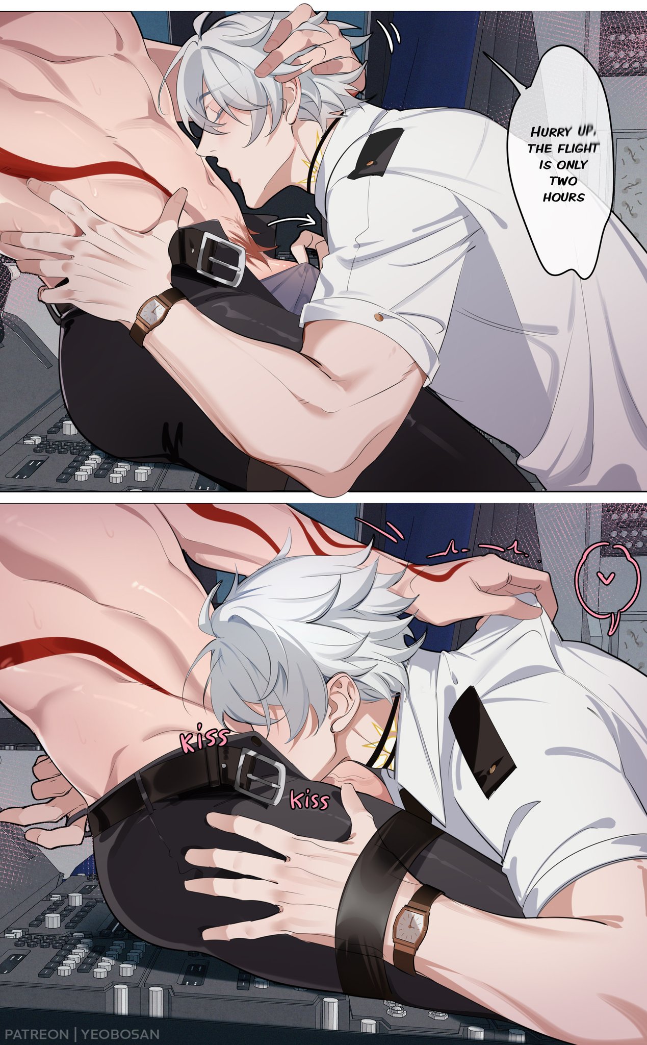 2boys, airplane, blowjob, blush, gay, gripping thighs, honkai: star rail, kissing, kissing dick, kissing penis, male, male only, muscular, muscular male, mydei (honkai: star rail), penis, phainon (honkai: star rail), pilot, pilot suit, pilot uniform, plane, pubes, pubic hair, submissive top, taking clothes off, tattoo, tattooed body, tattoos, touching thigh, underwear, undressing, waist, white hair, yaoi, yeobosannsfw