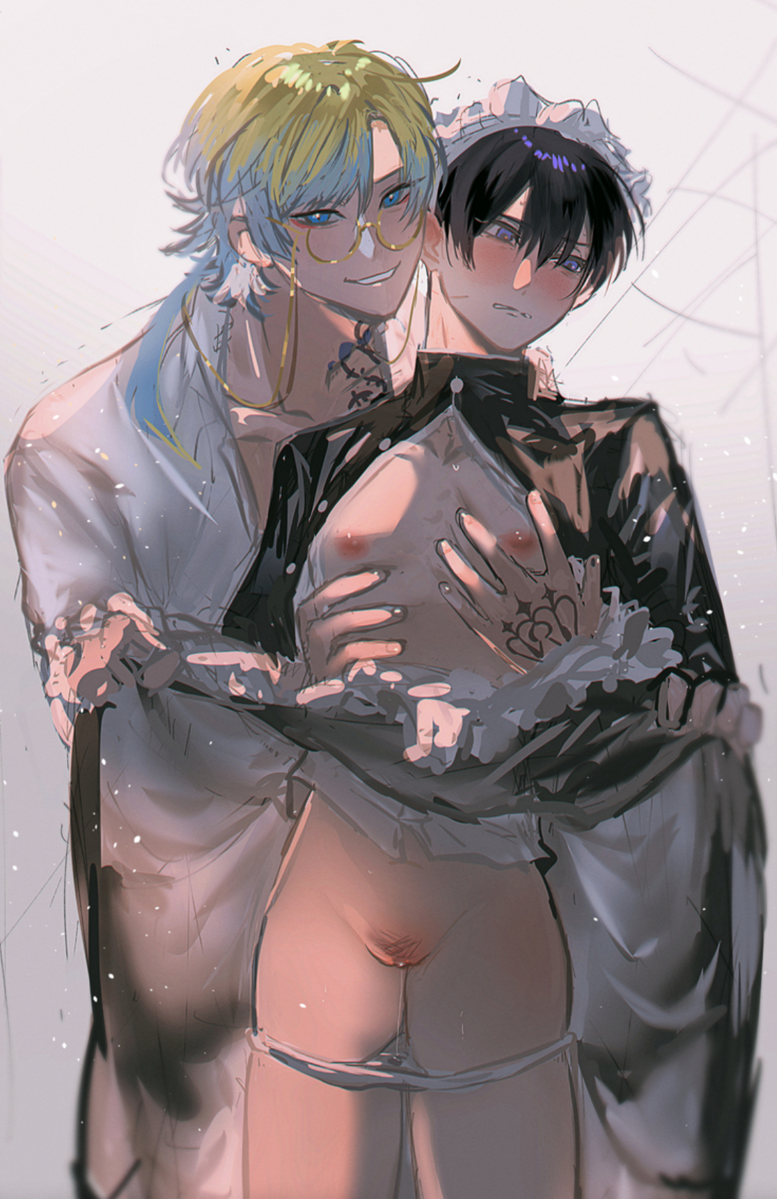 blue eyes, blue hair, blue lock, blush, breasts, cuntboy, cuntboy/male, embarrassed, femboy, gay, isagi yoichi, kaiser michael, leaking cum, lifting skirt, looking at viewer, maid, maid uniform, male, michael kaiser, nervous expression, panties, pussy, sex worker, showing pussy, tattoo, touching breast, yaoi