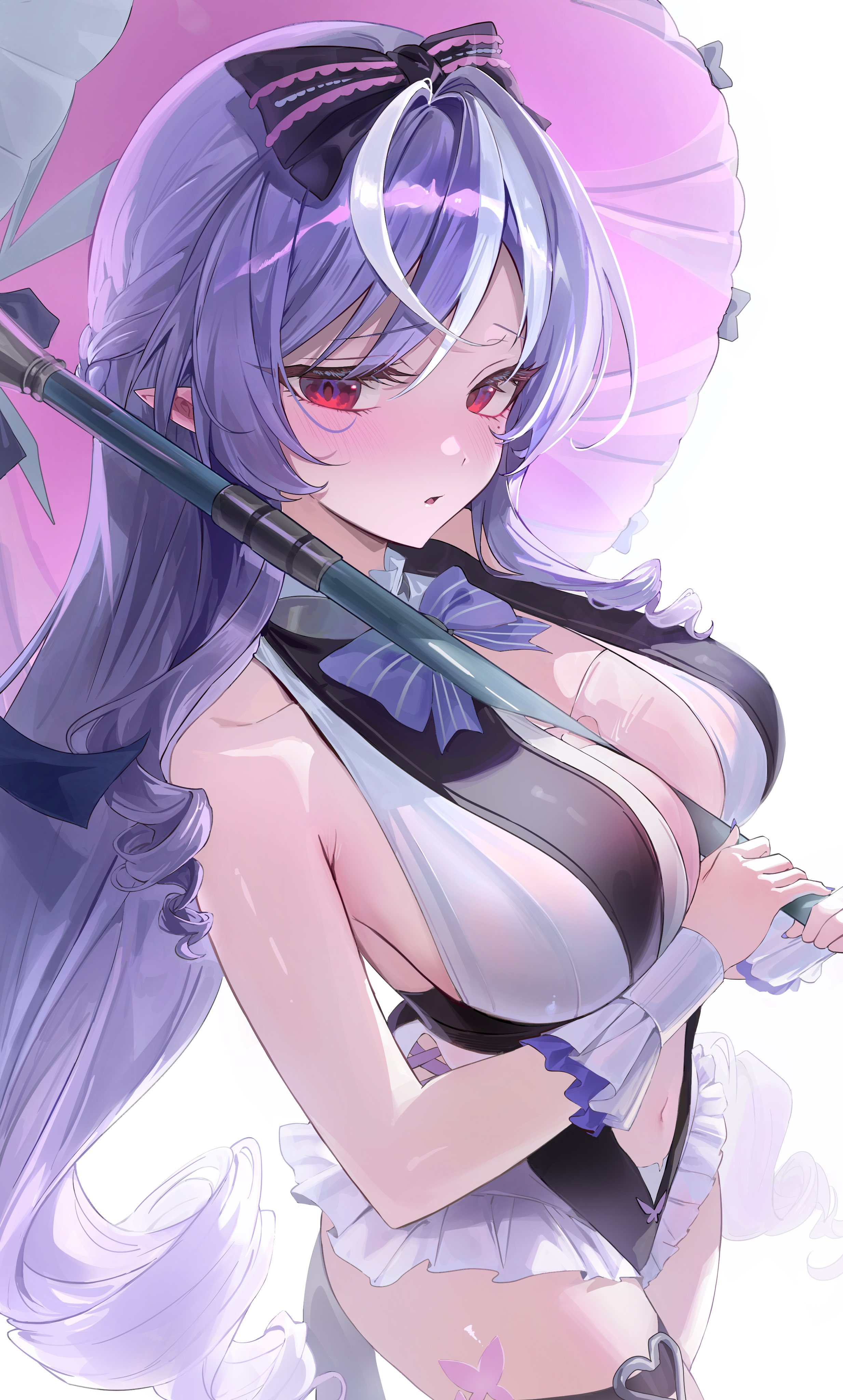 1girls, breasts, exposed breasts, female, hoyoverse, legs, long hair, mihoyo, official alternate costume, purple hair, red eyes, swimsuit, vivian banshee, vivian banshee (iris of the shore), white swimsuit, zenless zone zero