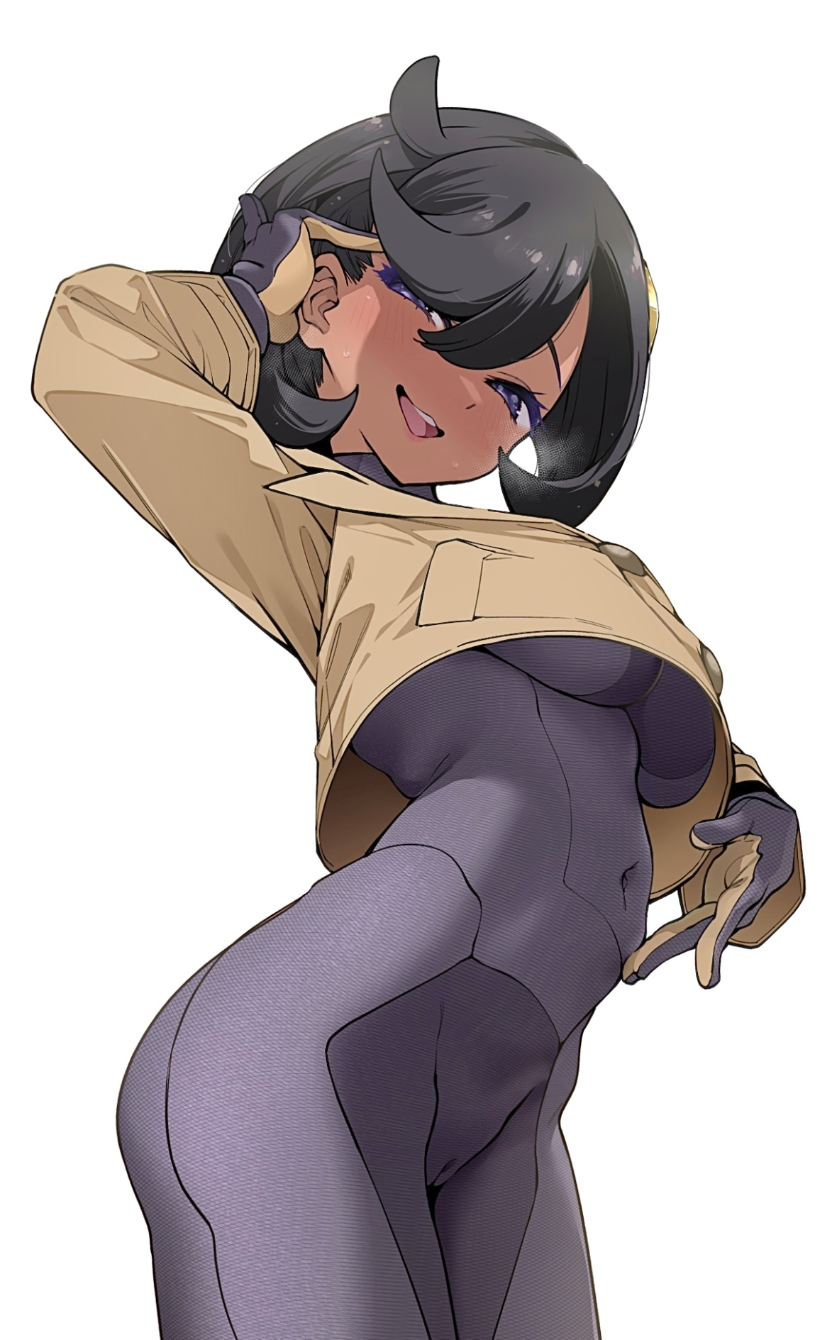 1girls, black hair, bodysuit, breasts, brown coat, brown gloves, coat, commentary request, covered navel, emma (pokemon), female, gloves, hayashi (l8poushou), highres, long sleeves, looking at viewer, matiere (pokemon legends: z-a), matiere (pokemon), medium breasts, nintendo, open mouth, pokemon, pokemon legends: z-a, purple bodysuit, purple eyes, purple gloves, short hair, simple background, smile, solo, standing, teeth, two-tone gloves, upper teeth only, white background