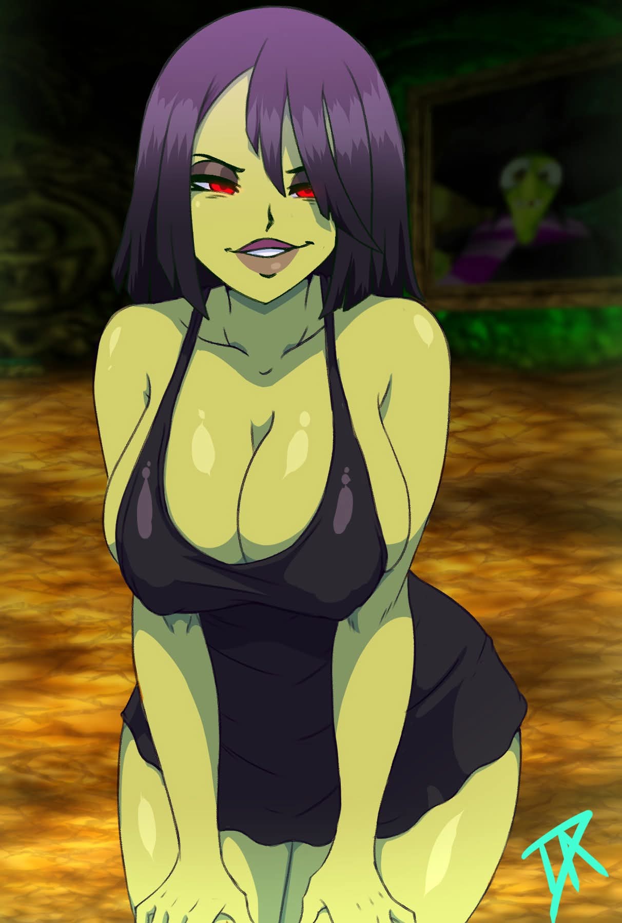 1girls, banjo-kazooie, big breasts, bimbo, black dress, black eyeshadow, black hair, breasts, cleavage, clothing, dalley le alpha, dress, eyeshadow, female, female only, game over gruntilda, green body, green skin, gruntilda, half-closed eyes, huge breasts, lips, red eyes, seductive, seductive look, short dress, solo, solo female