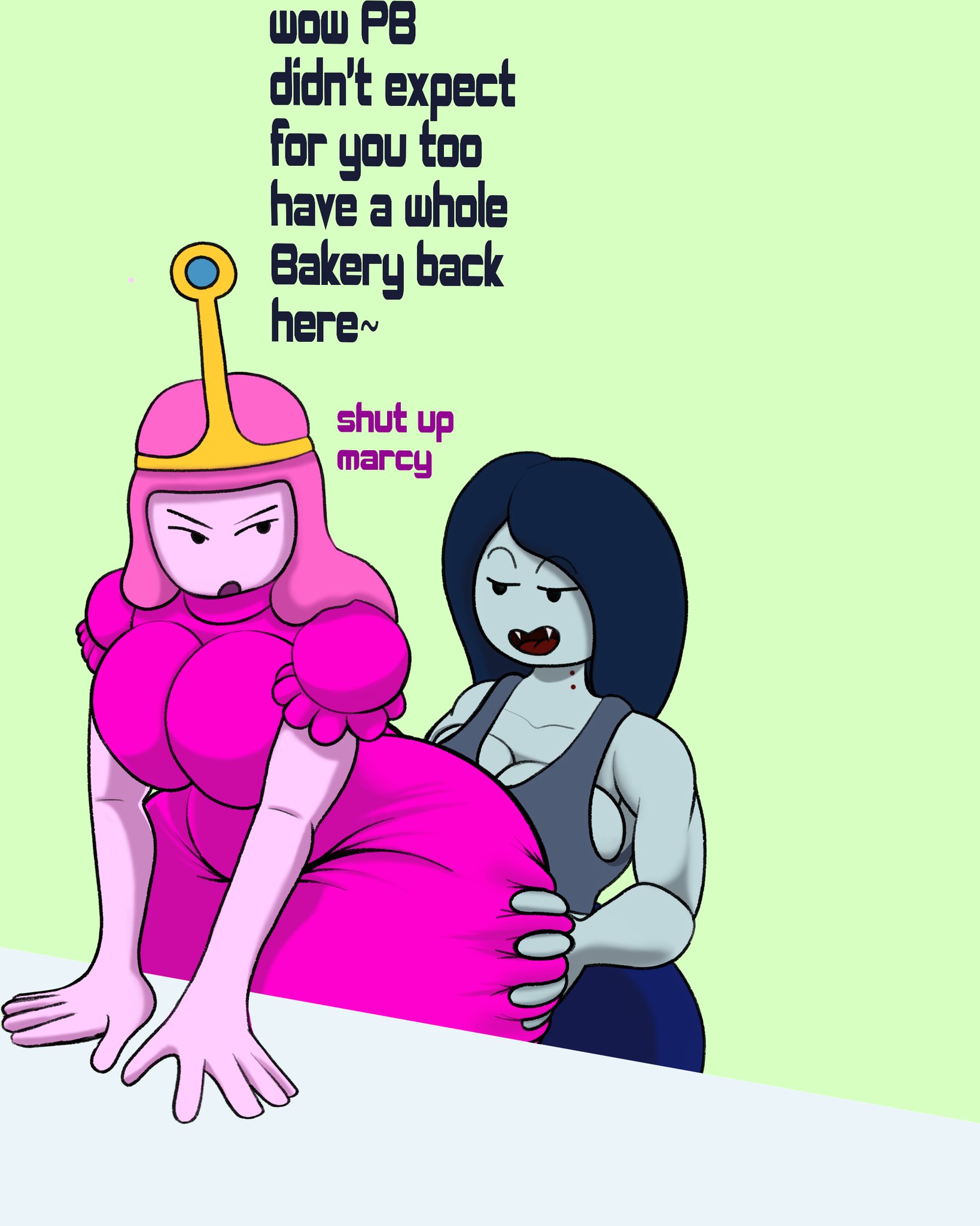 2girls, adventure time, ass, ass grab, big ass, big breasts, black eyes, busty, clothing, dialogue, dress, english dialogue, english text, female, female focus, female only, grabbing, grabbing ass, grey body, grey skin, huge ass, looking at partner, looking back, marceline, pink body, pink dress, pink hair, pink skin, princess bubblegum, superbone, text, wide hips